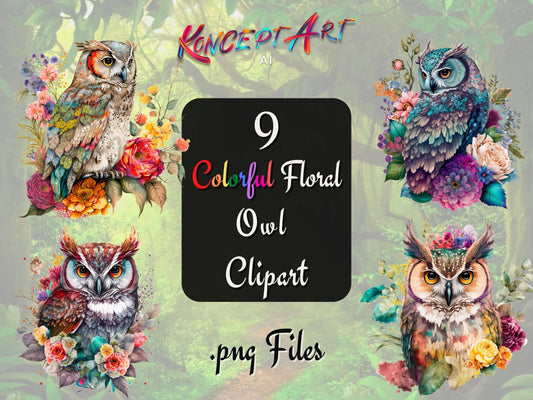 Colorful Floral Owl Clipart Bundle