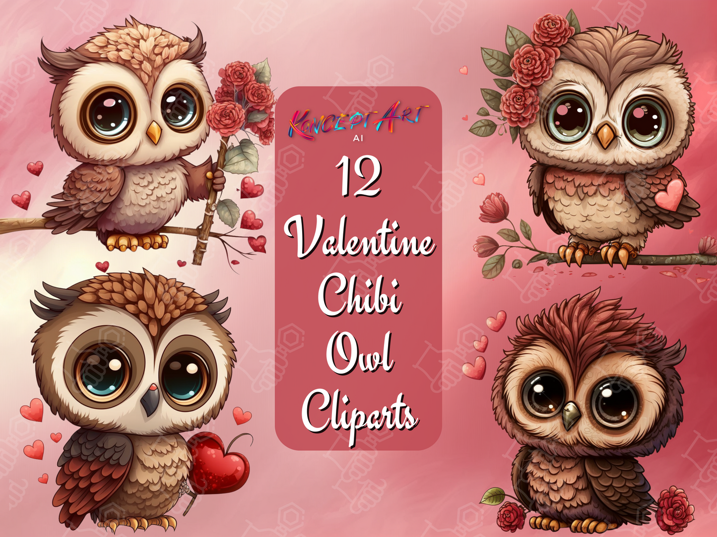 12 x Chibi Valentine Owl Cliparts Bundle