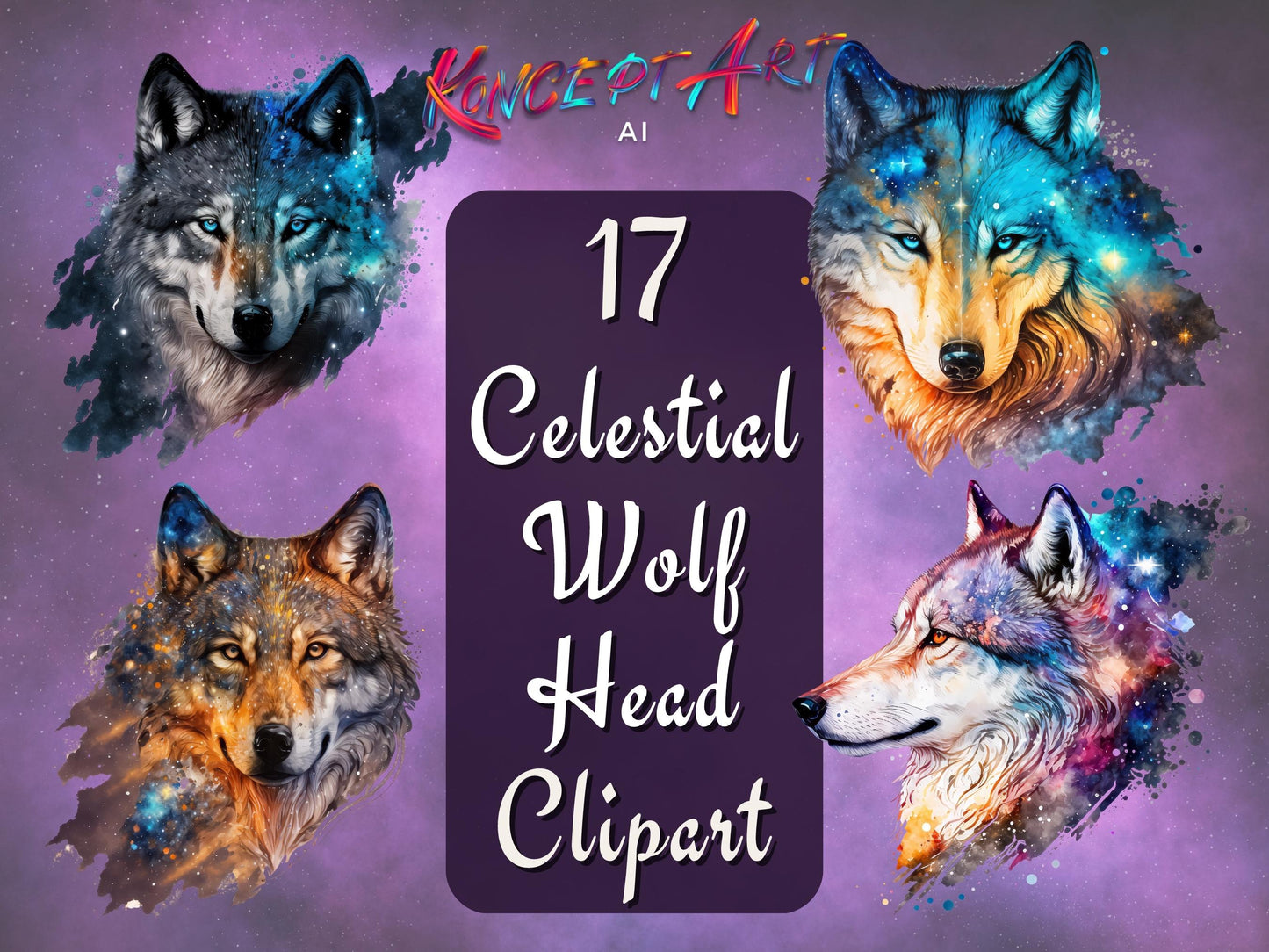 17 x Celestial Wolf Head Clipart Bundle