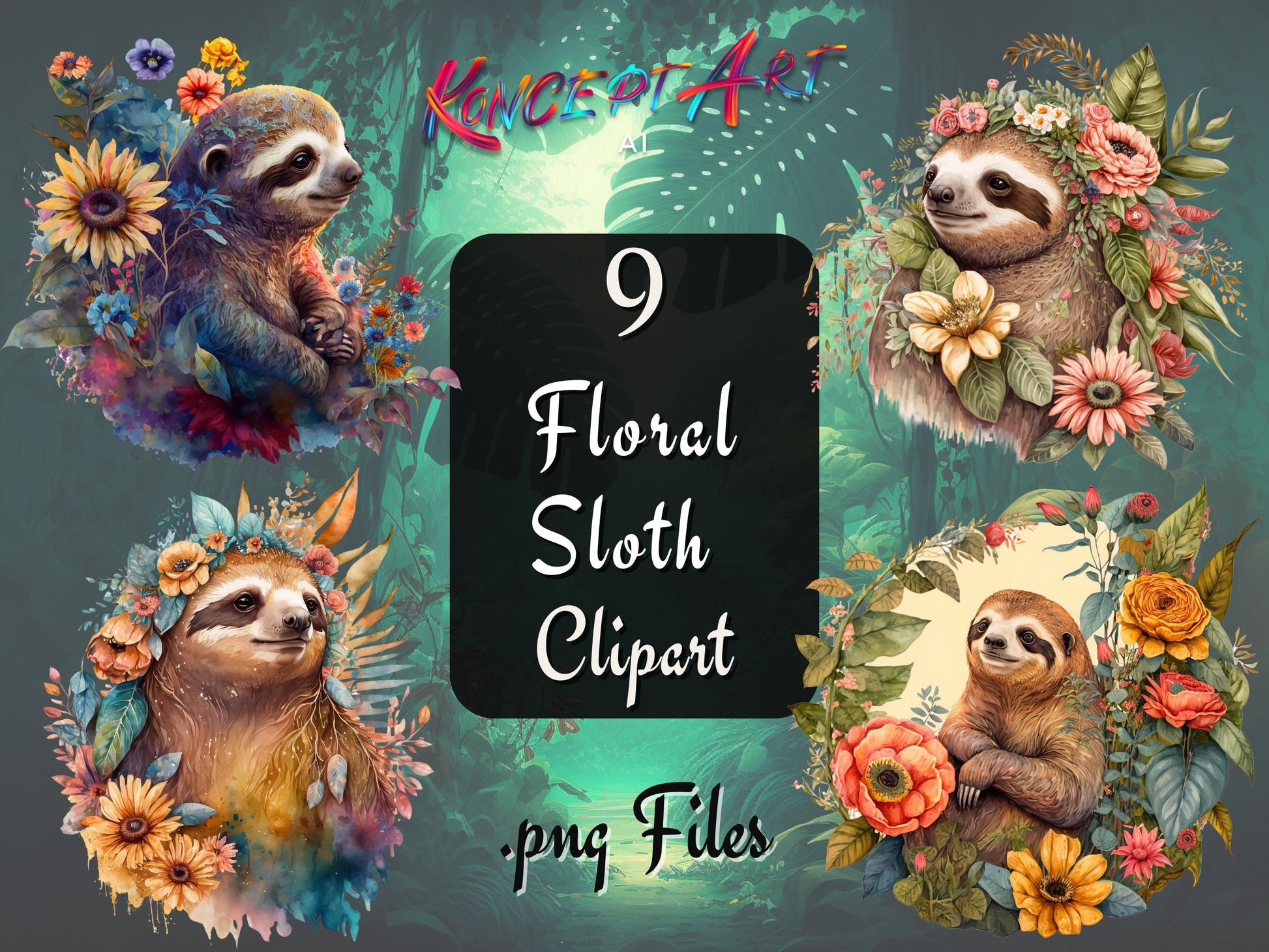 Beautiful Floral Sloth Clipart Bundle