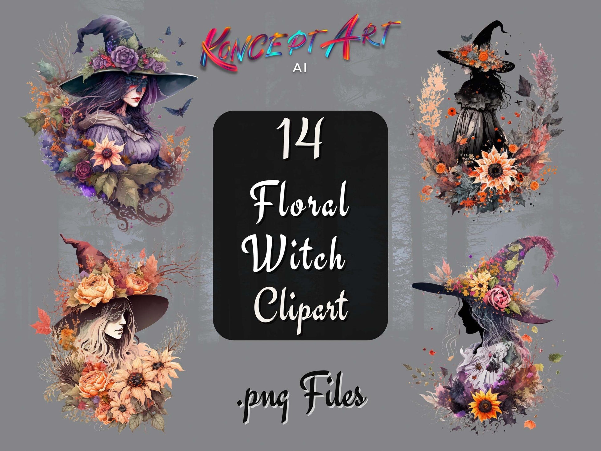 Mystical Witchcraft Floral Witch Clipart Bundle