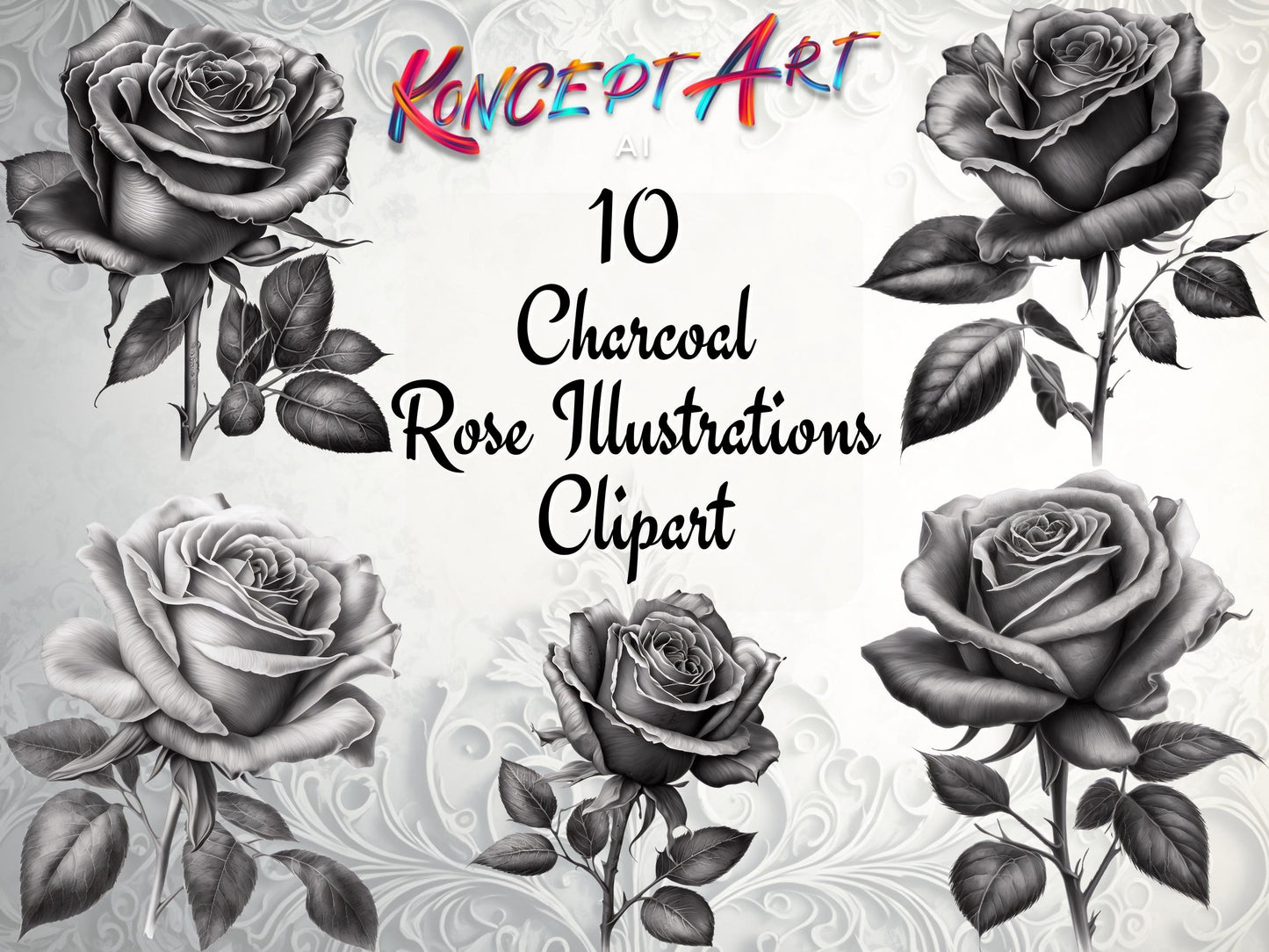 10 x Beautiful Charcoal Rose Clipart Bundle