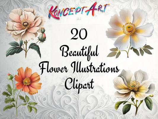 20 x Beautiful Illustrated Flowers Clipart Bundle