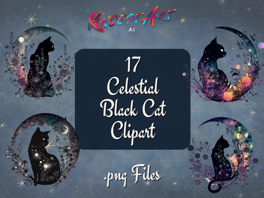 17 x Floral Celestial Black Cats Clipart Bundle