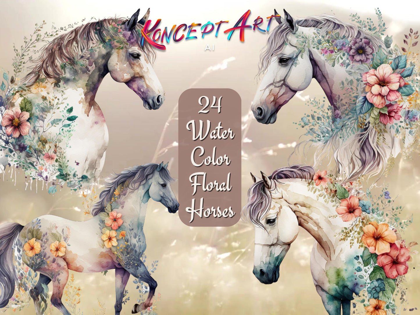 24 Boho Watercolor Floral Horse Clipart Bundle