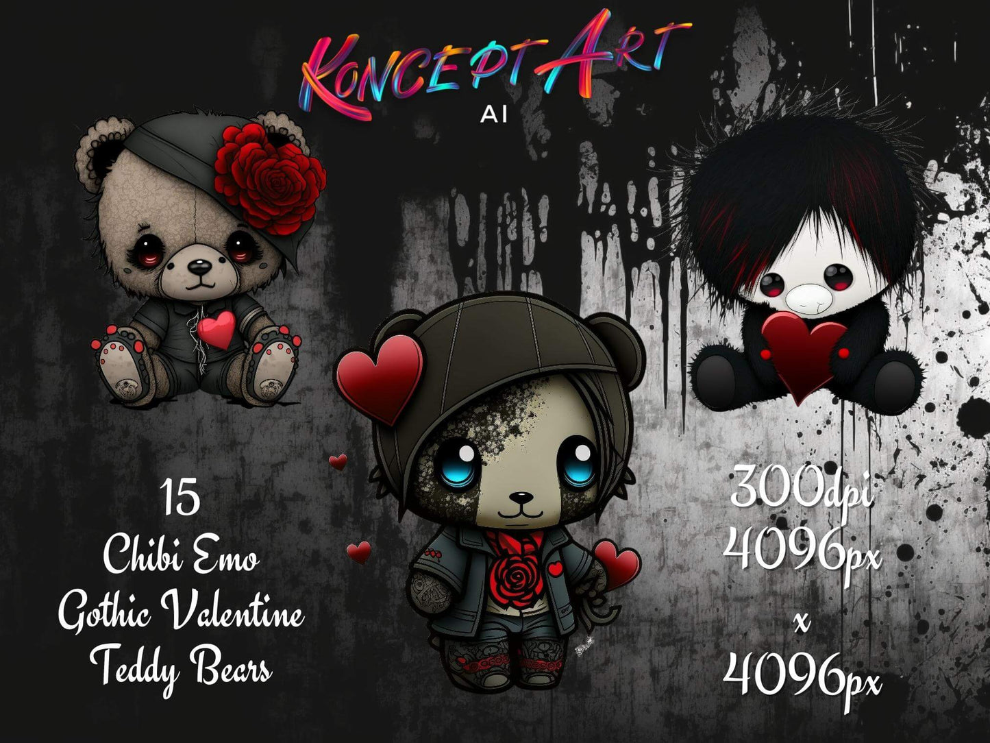 Chibi Emo Gothic Valentines Teddy Bears Clipart Bundle