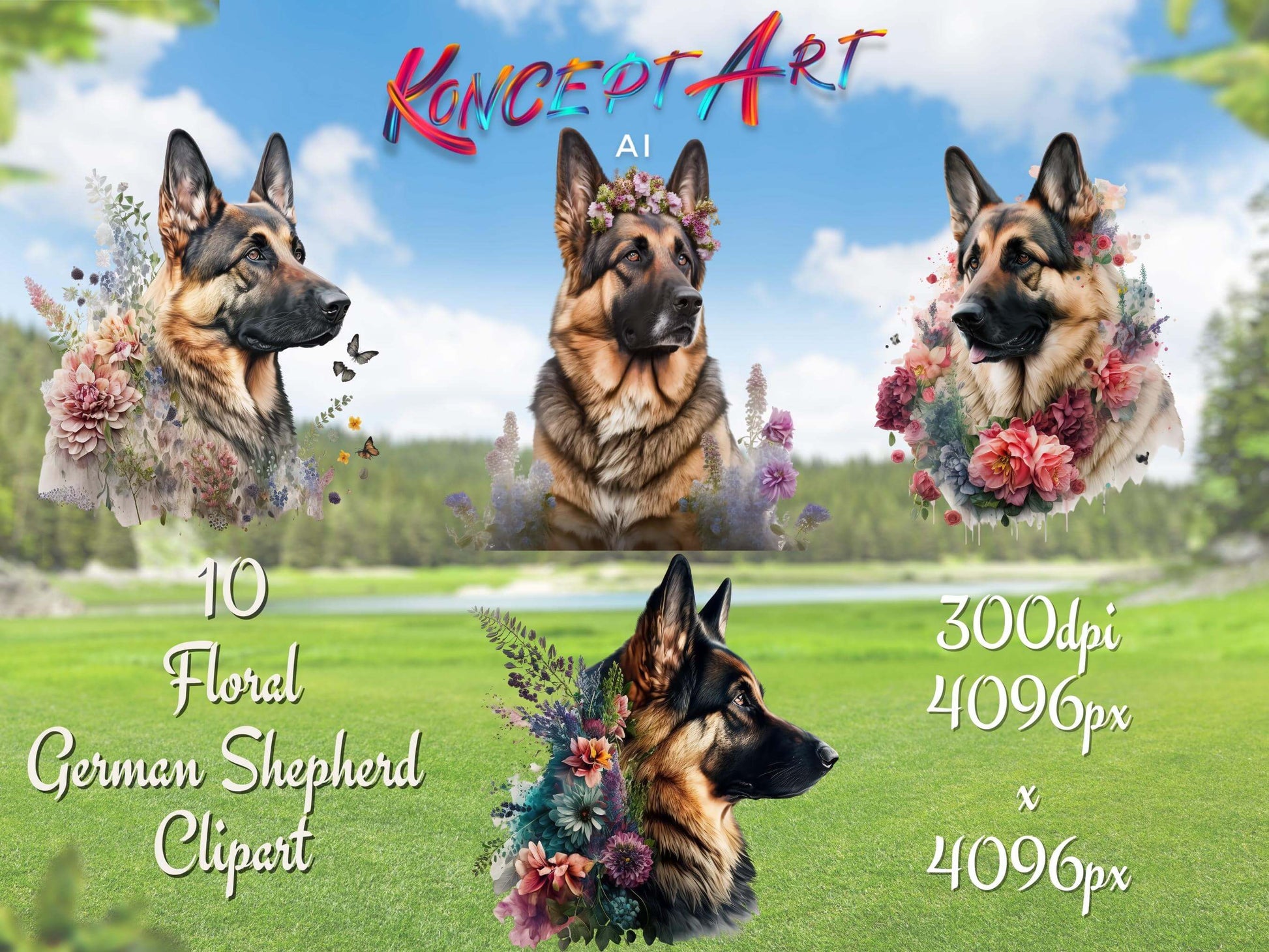 Floral German Shepherd Clipart Bundle