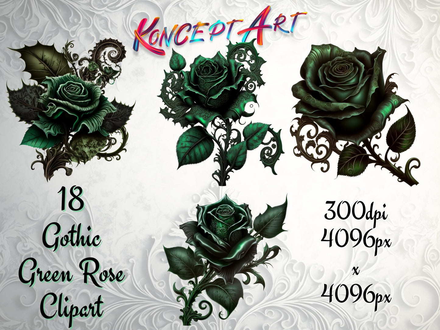 18 x Beautiful Green Gothic Roses Clipart Bundle