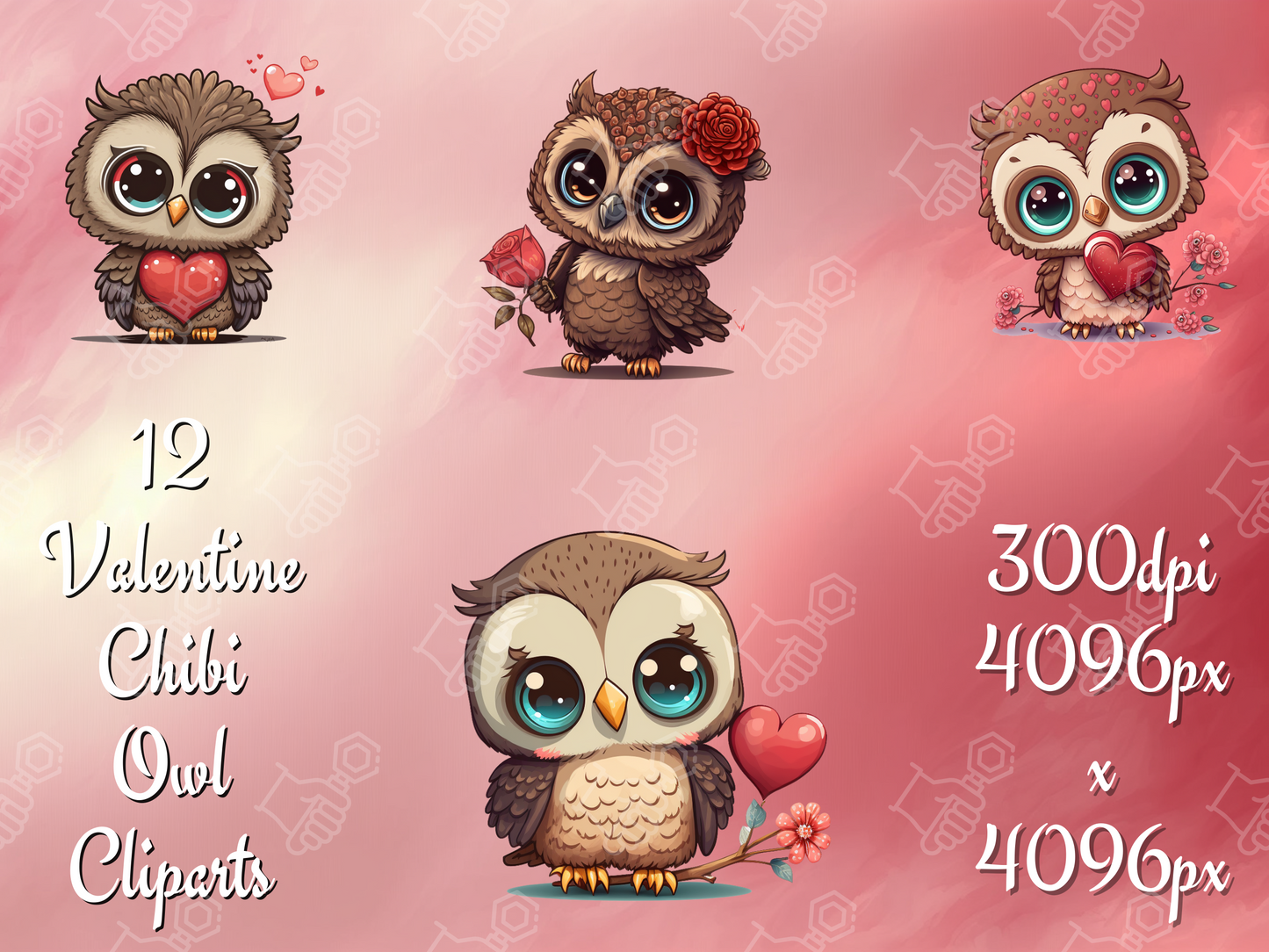 12 x Chibi Valentine Owl Cliparts Bundle