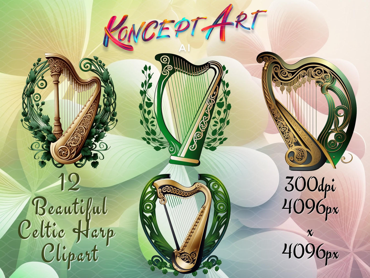 8 x St. Patrick's Day Celtic Harp Clipart Bundle