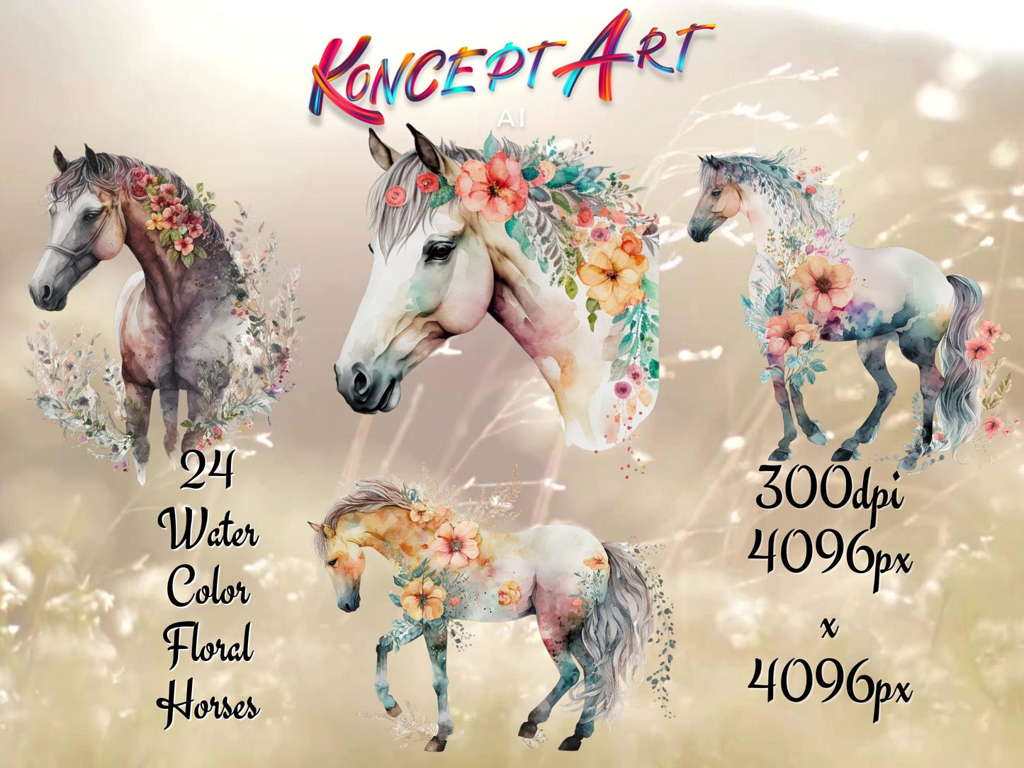 24 Boho Watercolor Floral Horse Clipart Bundle