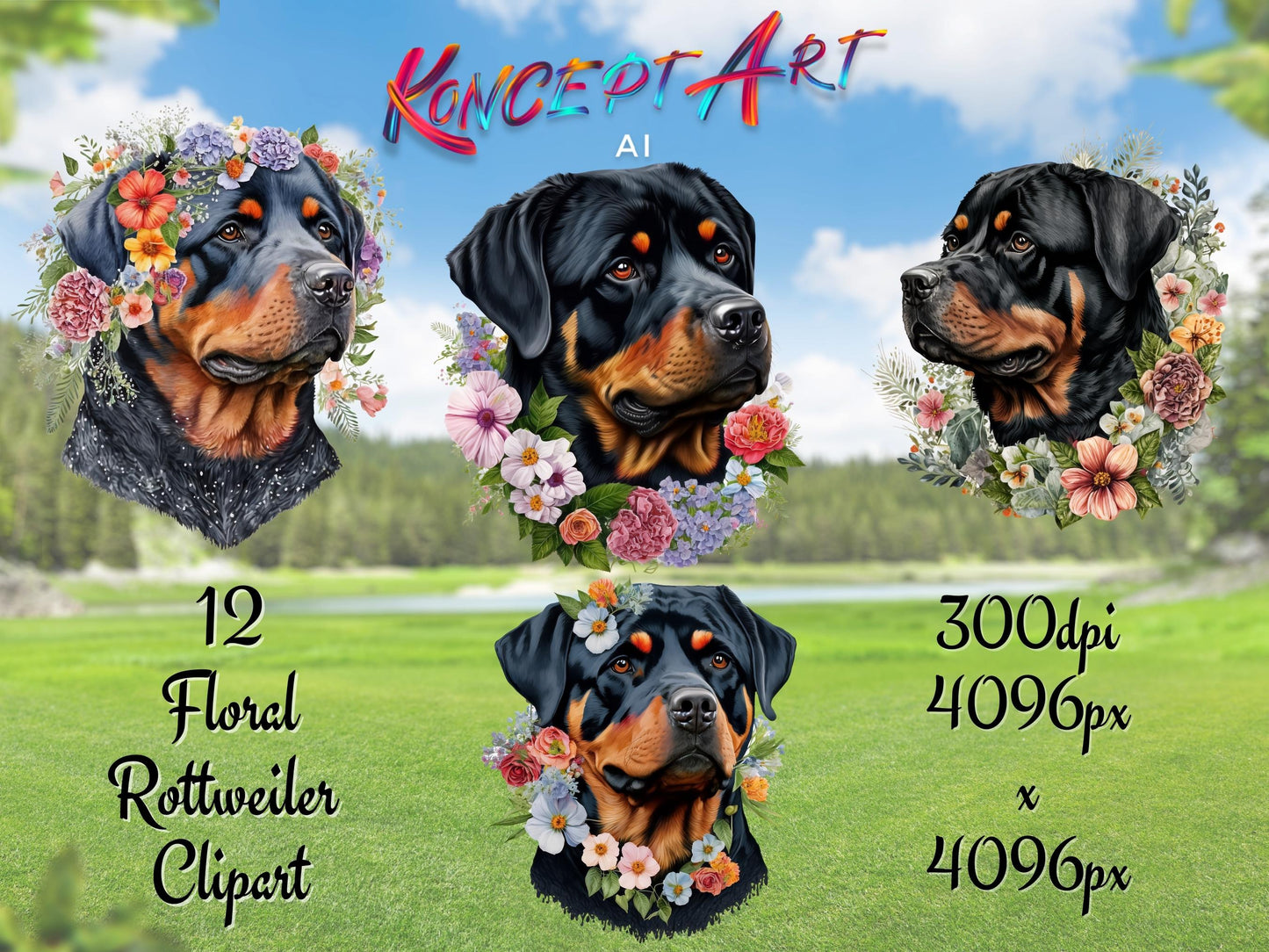 12 x Floral Rottweiler Clipart Bundle