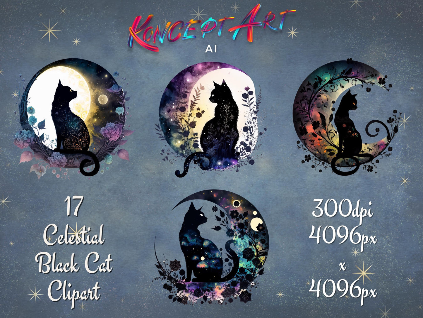 17 x Floral Celestial Black Cats Clipart Bundle