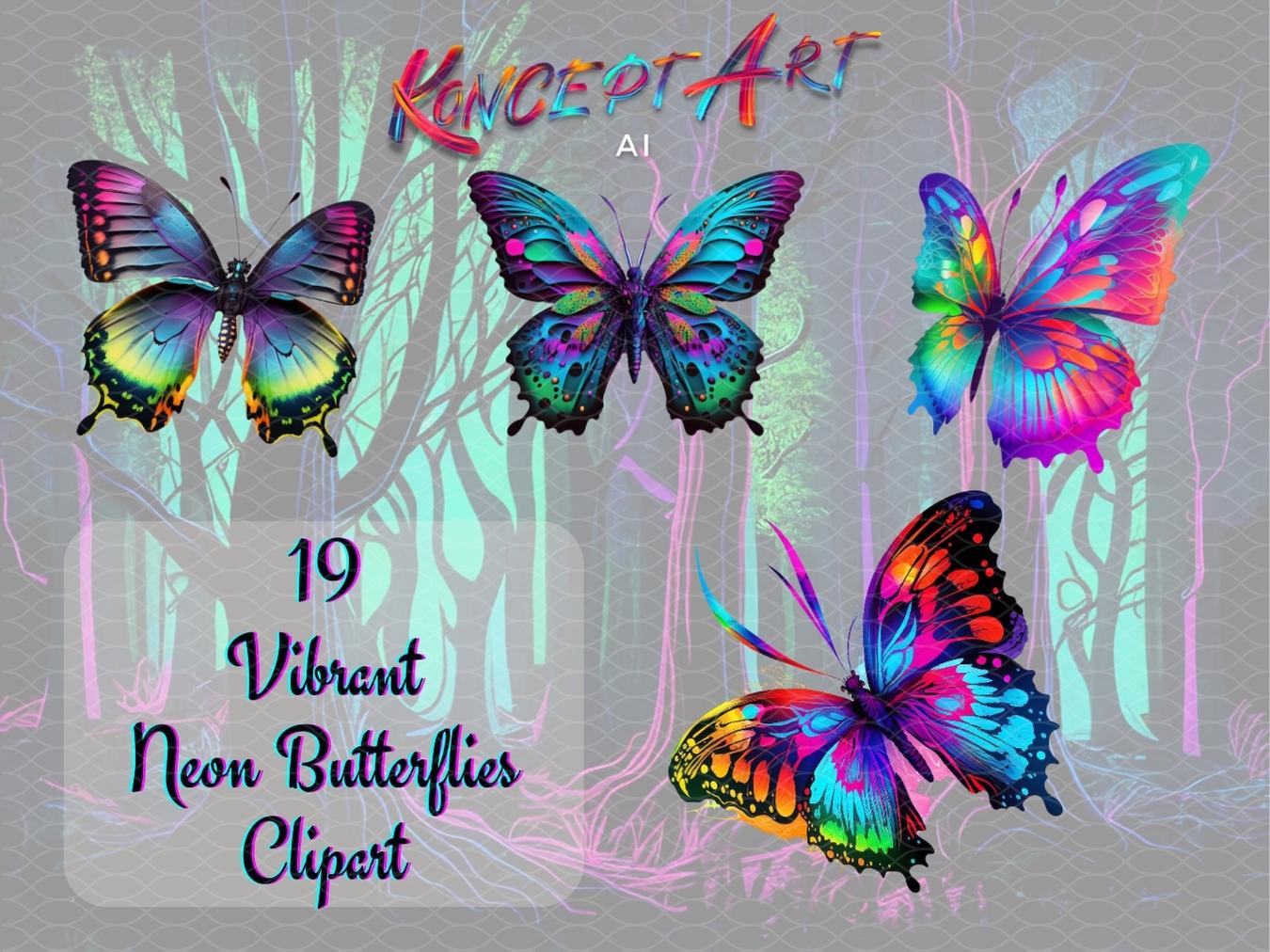 19 x Vibrant Neon Butterflies Clipart Bundle