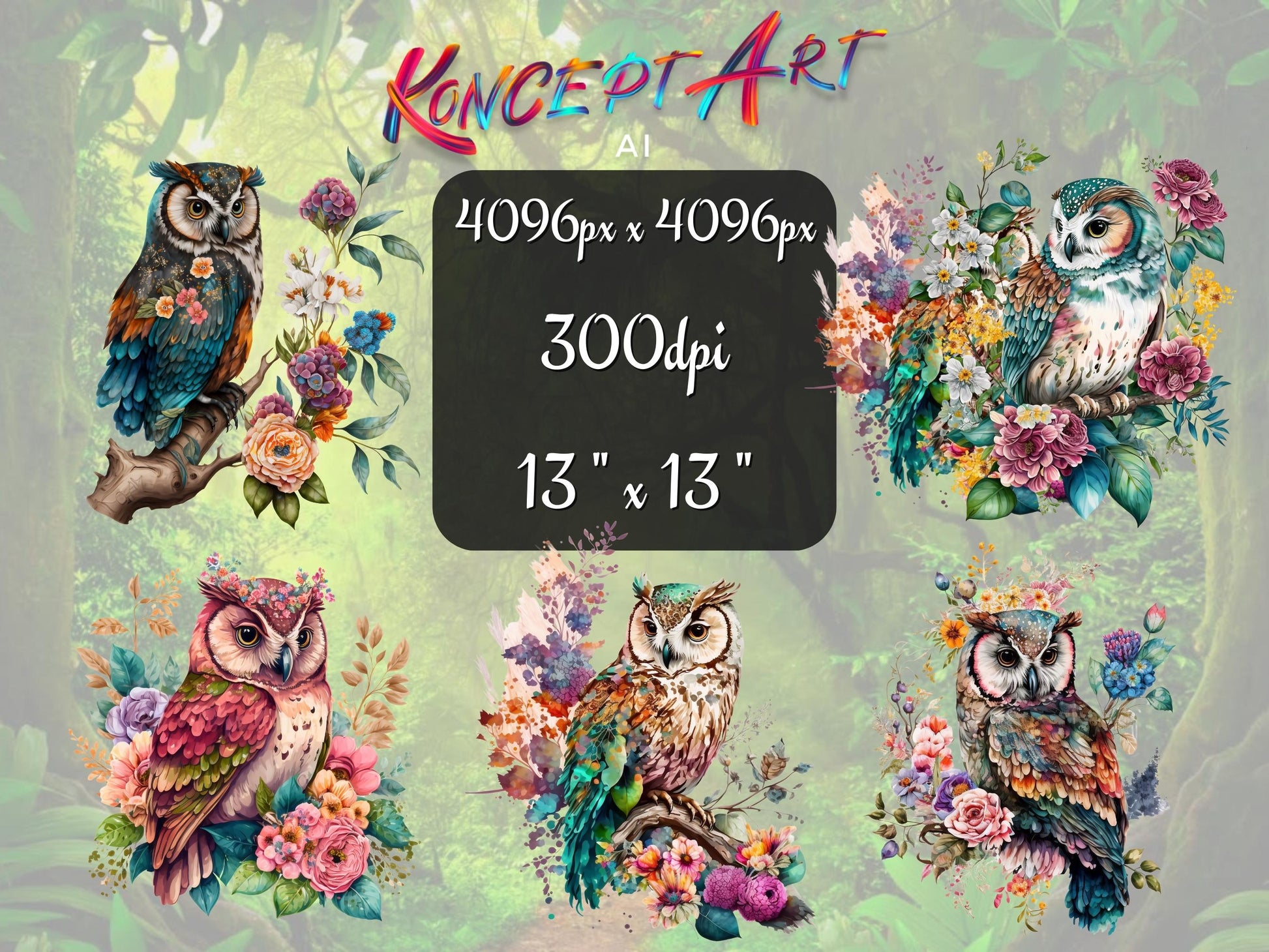 Colorful Floral Owl Clipart Bundle