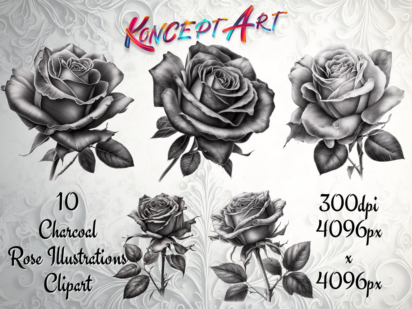 10 x Beautiful Charcoal Rose Clipart Bundle