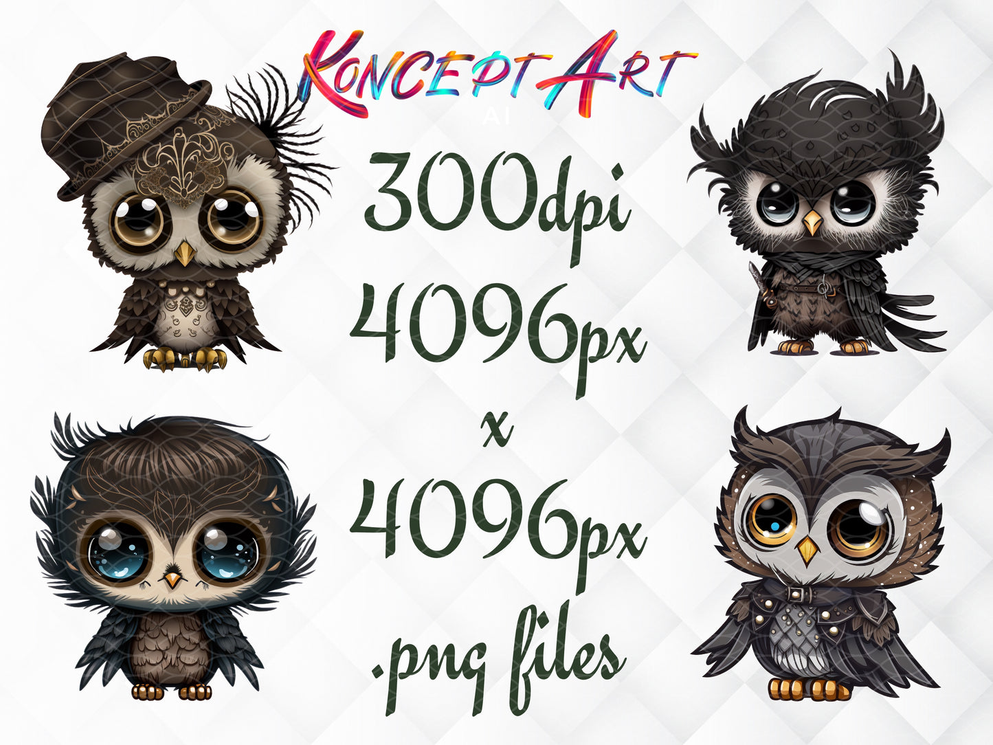 16 x Cute Chibi Gothic Owl Clipart Bundle