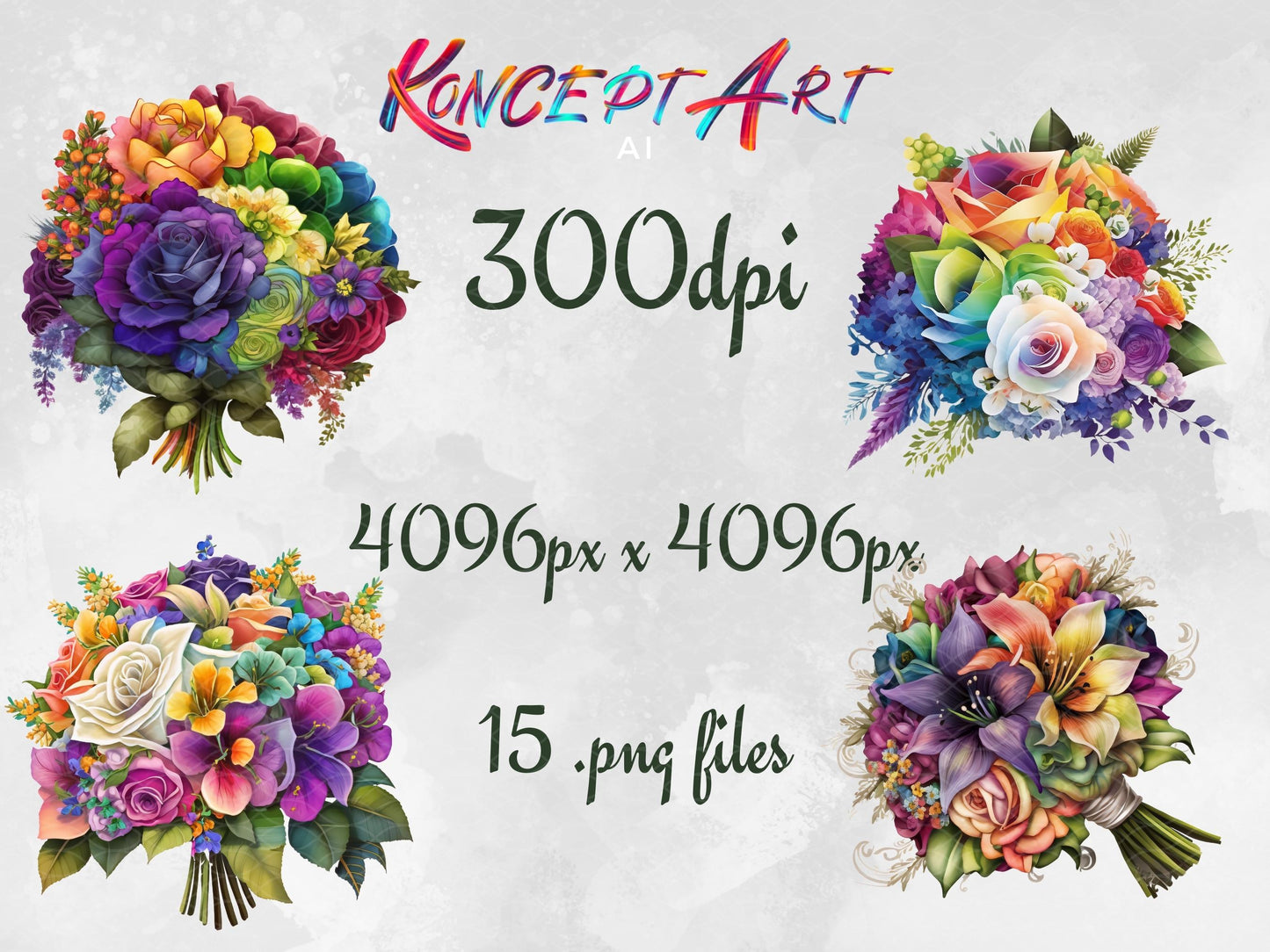 15 x Beautiful Rainbow Colored Wedding Bouquet Clipart Bundle