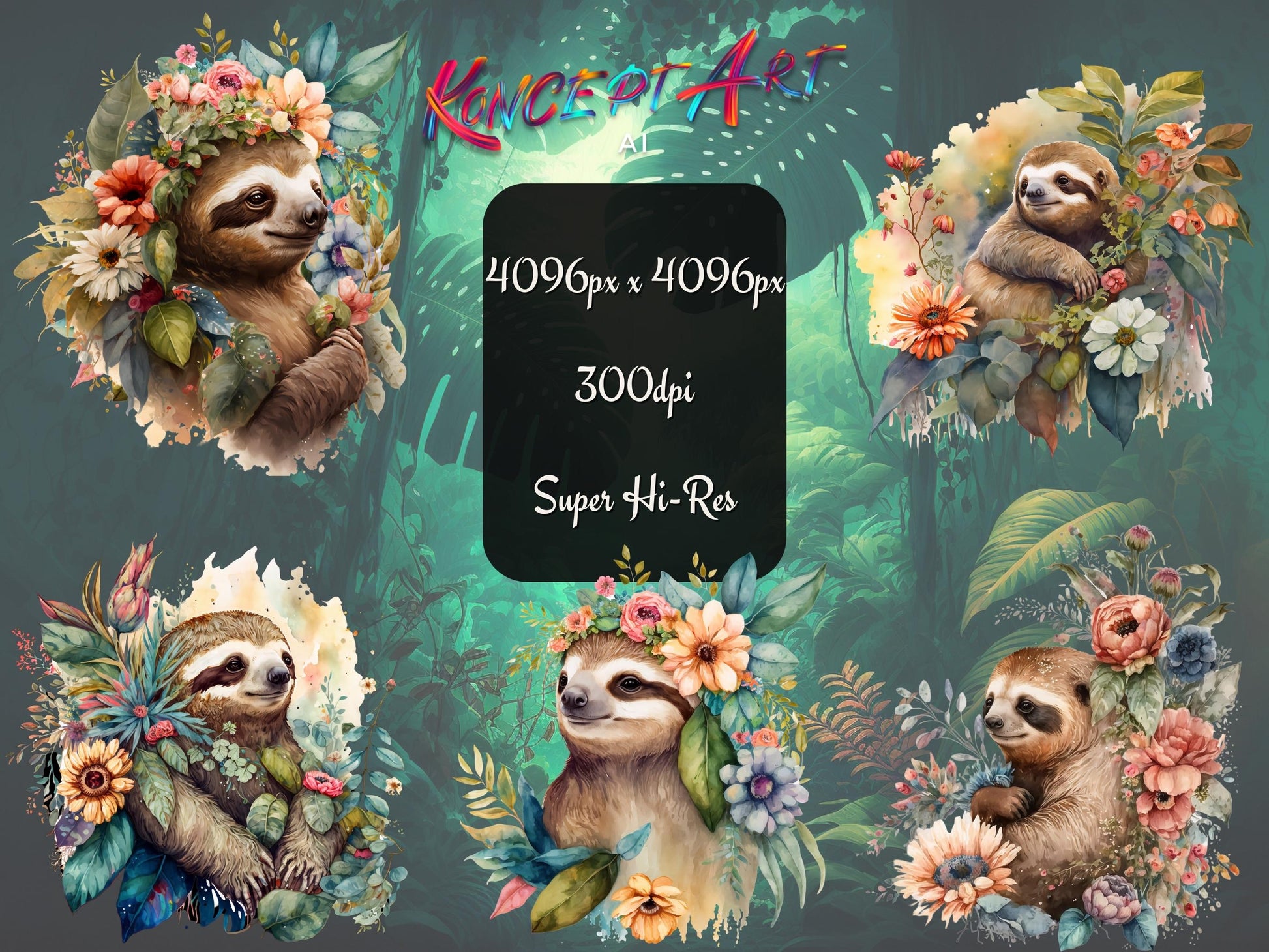 Beautiful Floral Sloth Clipart Bundle