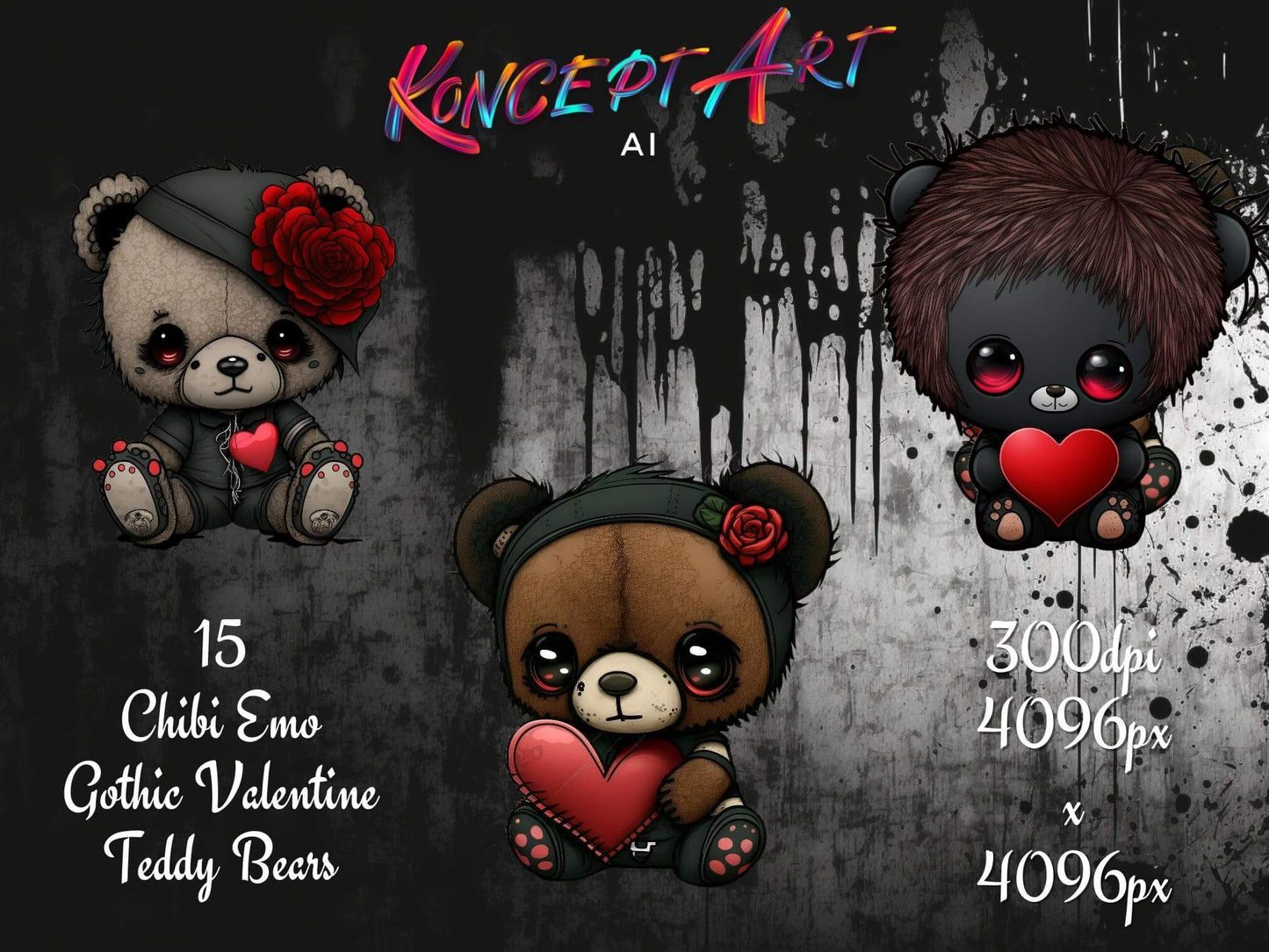 Chibi Emo Gothic Valentines Teddy Bears Clipart Bundle