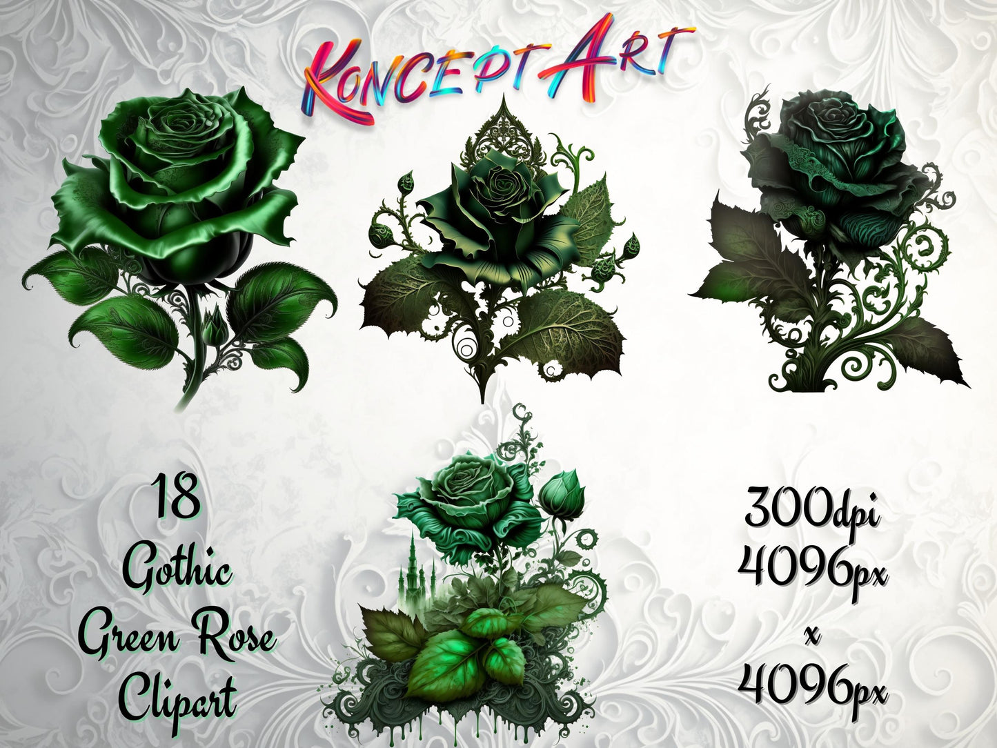 18 x Beautiful Green Gothic Roses Clipart Bundle