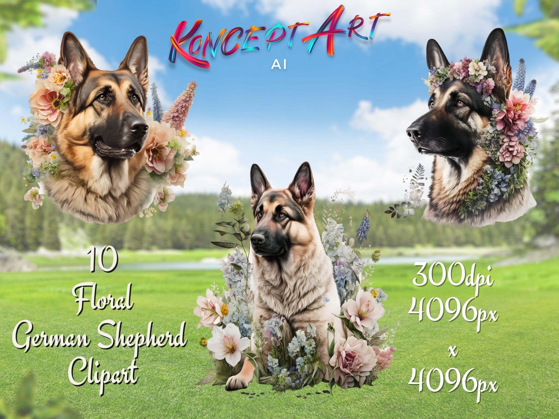 Floral German Shepherd Clipart Bundle