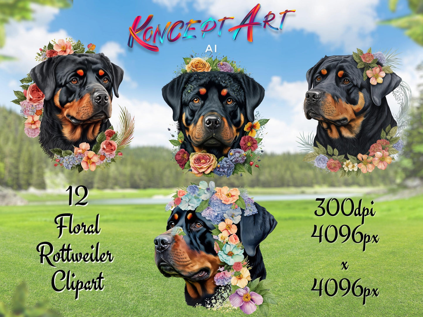 12 x Floral Rottweiler Clipart Bundle