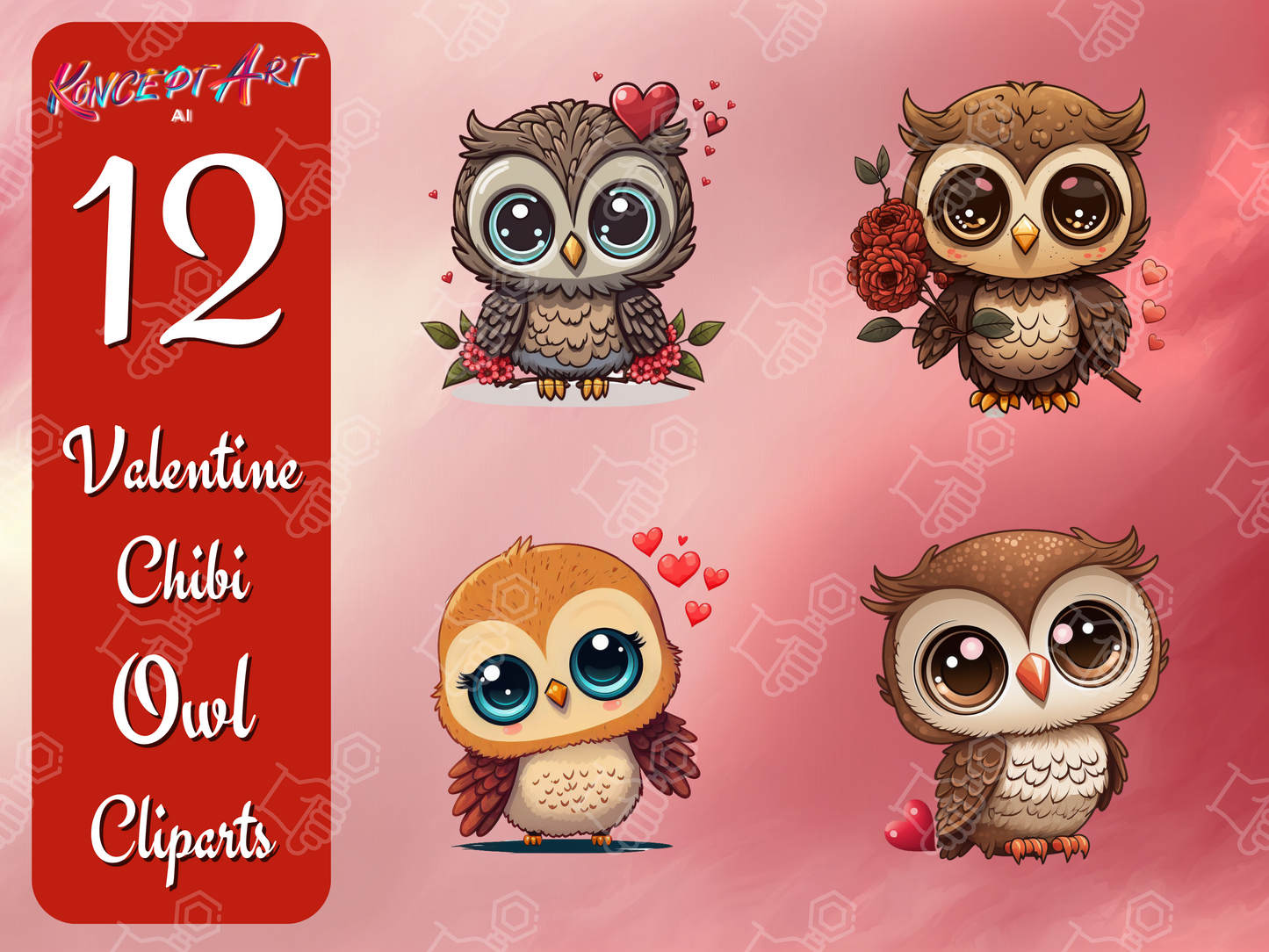 12 x Chibi Valentine Owl Cliparts Bundle