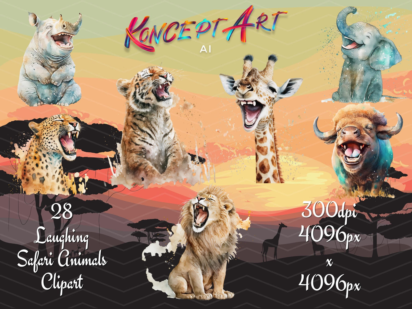 28 Cute Laughing Safari Animals Clipart Bundle