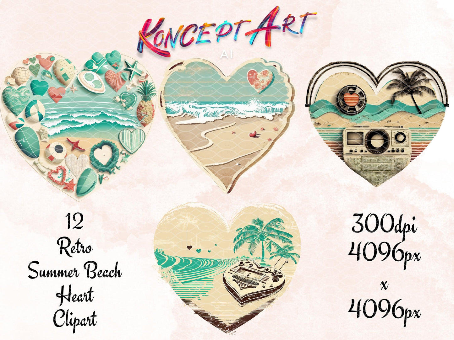 12 Retro Beach Heart Clipart Bundle