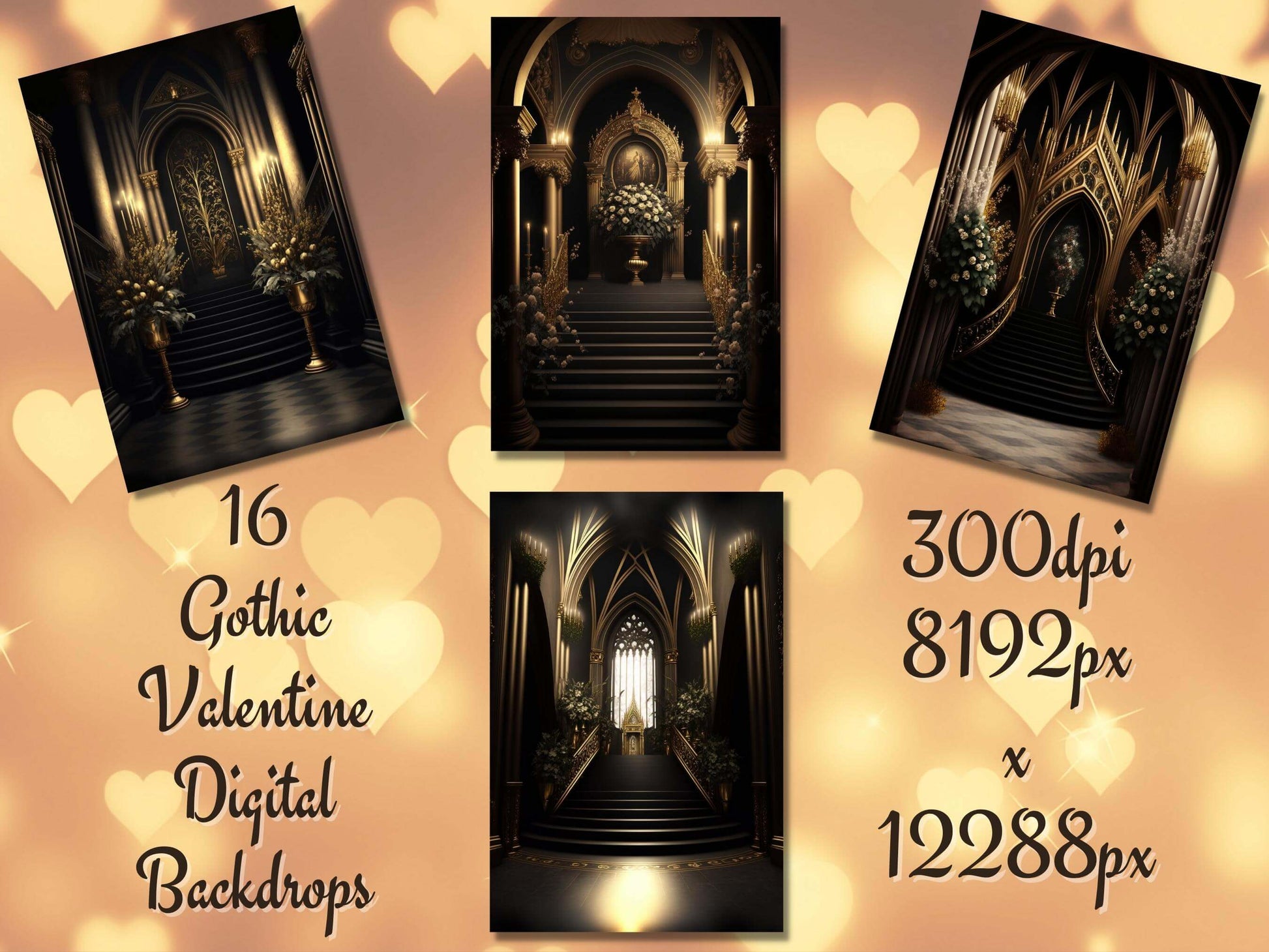 Black and Gold Valentine Digital Gothic Church Backdrops