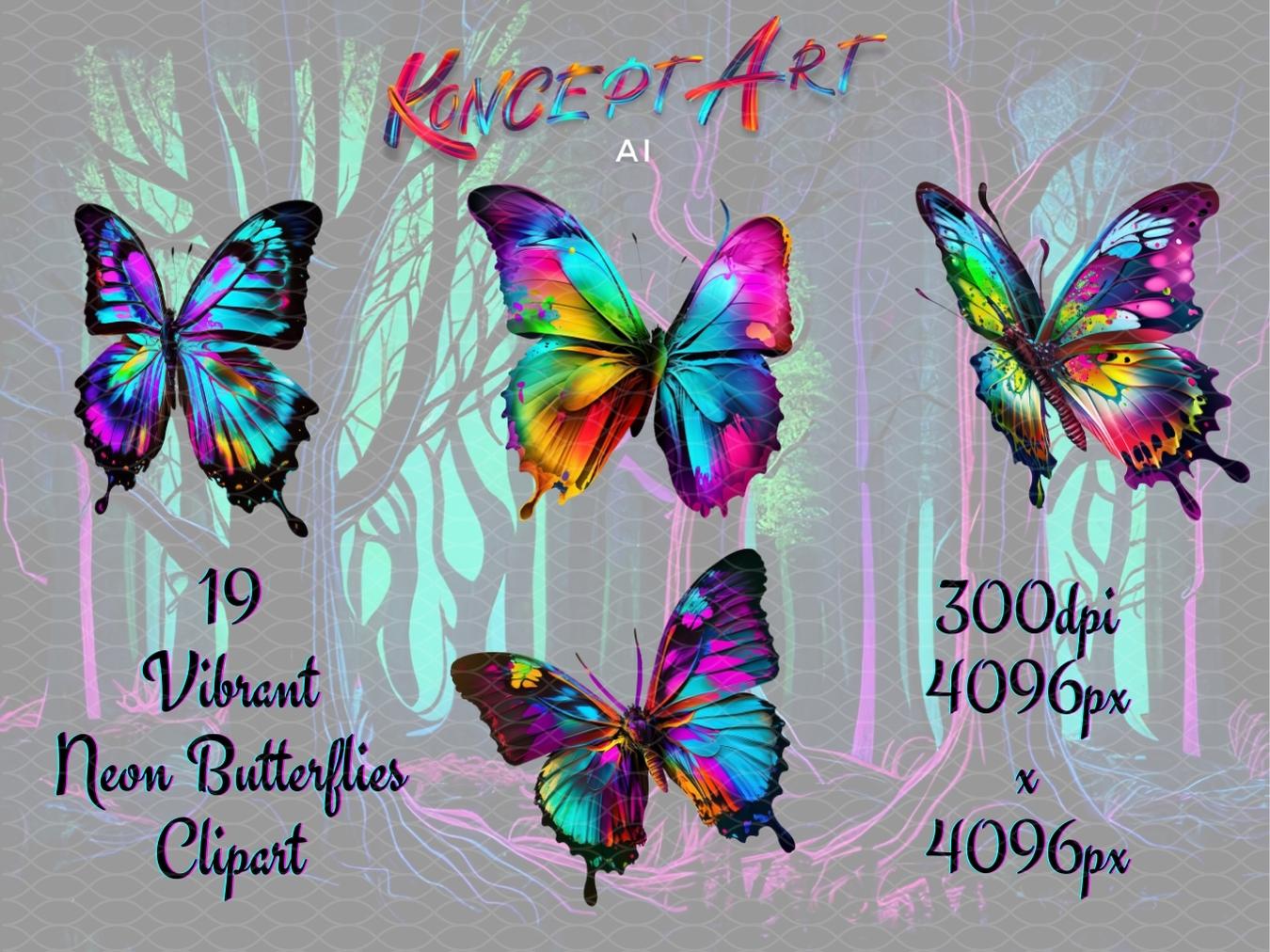 19 x Vibrant Neon Butterflies Clipart Bundle