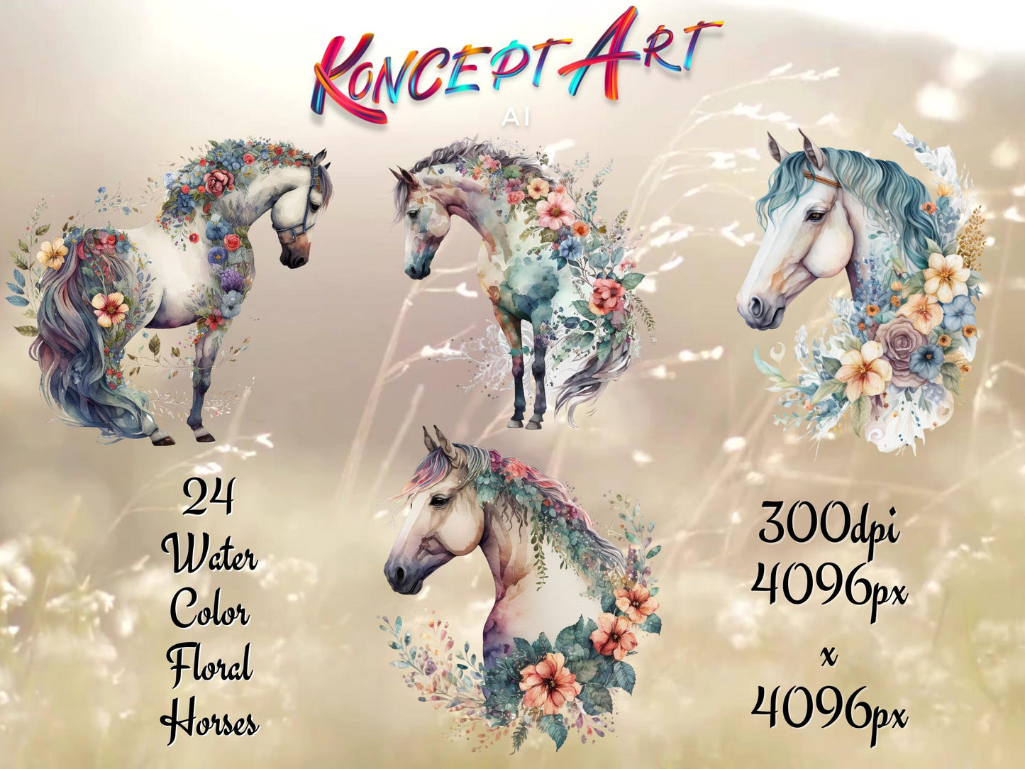 24 Boho Watercolor Floral Horse Clipart Bundle