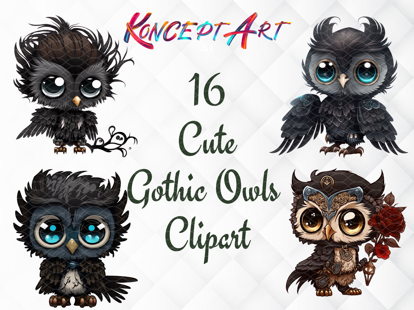 16 x Cute Chibi Gothic Owl Clipart Bundle