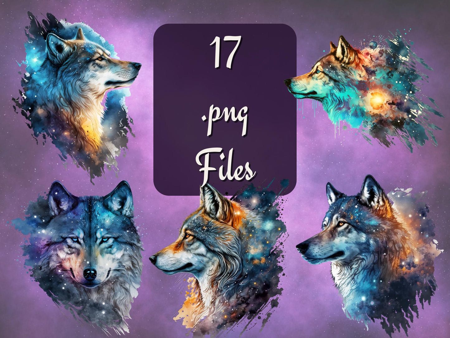 17 x Celestial Wolf Head Clipart Bundle