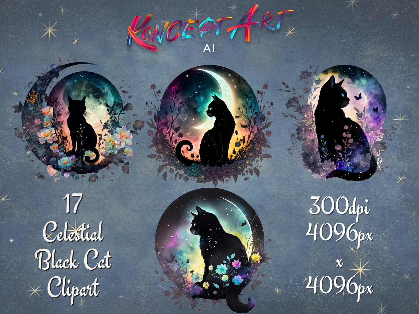 17 x Floral Celestial Black Cats Clipart Bundle