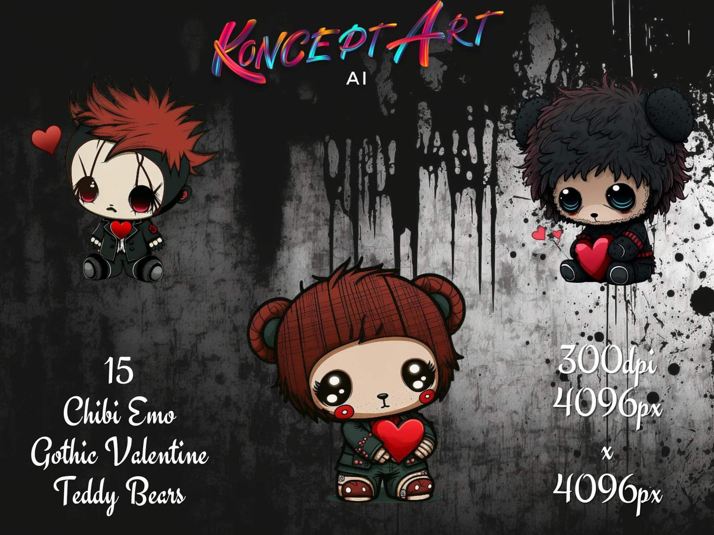 Chibi Emo Gothic Valentines Teddy Bears Clipart Bundle