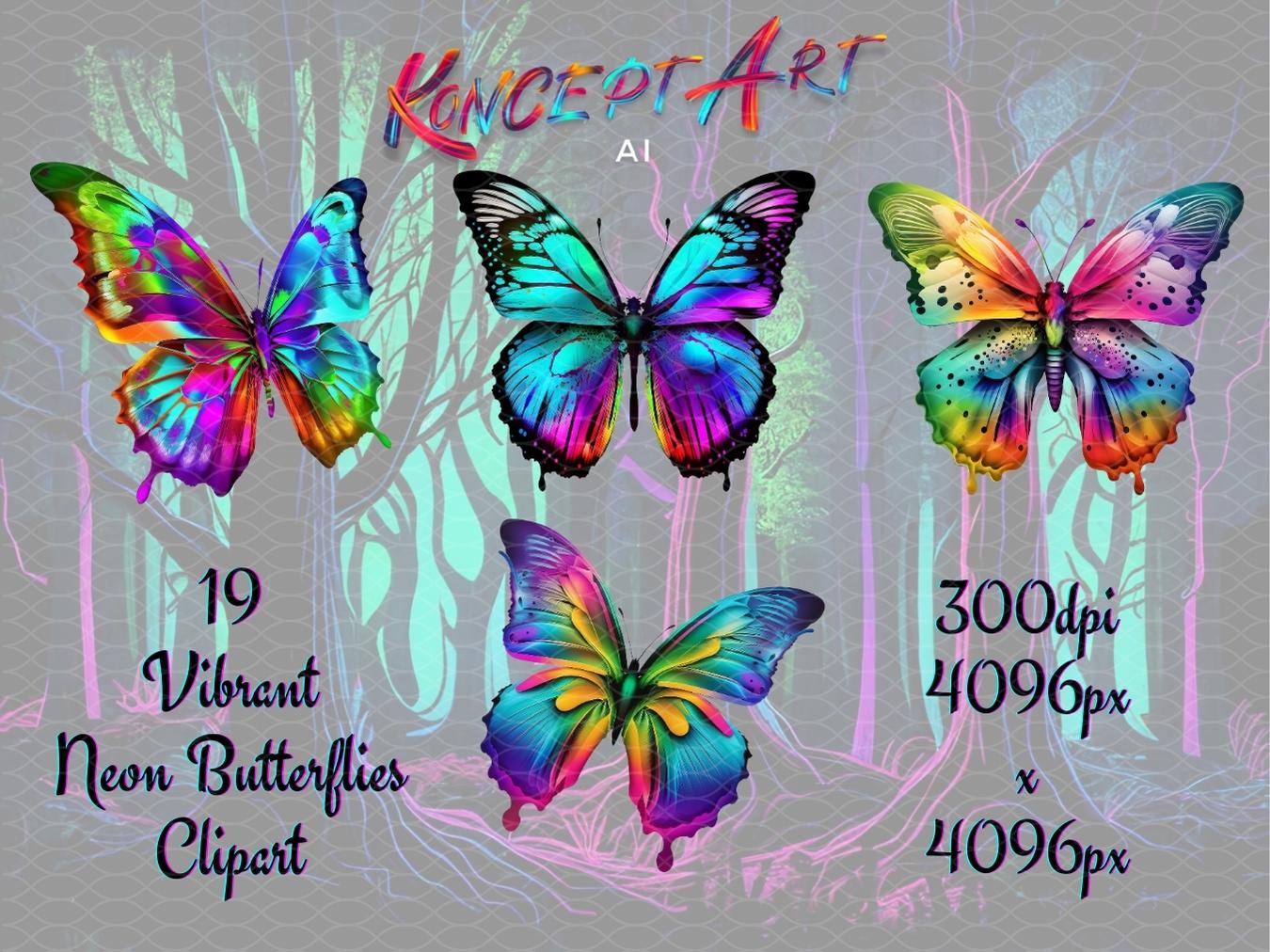 19 x Vibrant Neon Butterflies Clipart Bundle