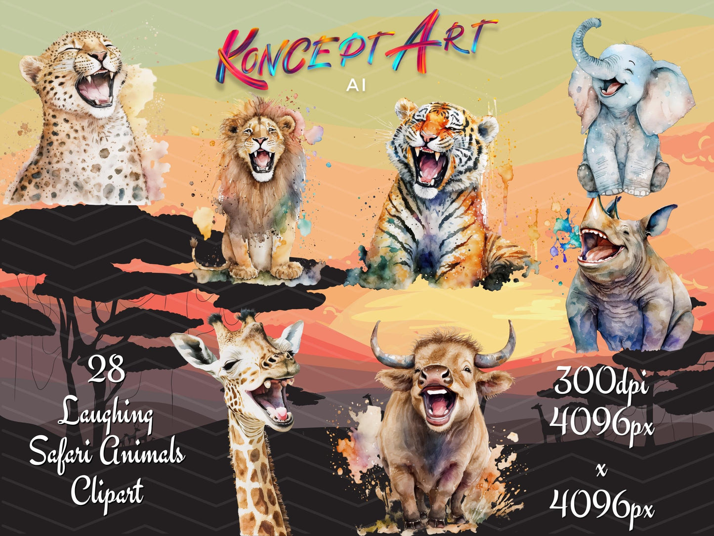 28 Cute Laughing Safari Animals Clipart Bundle