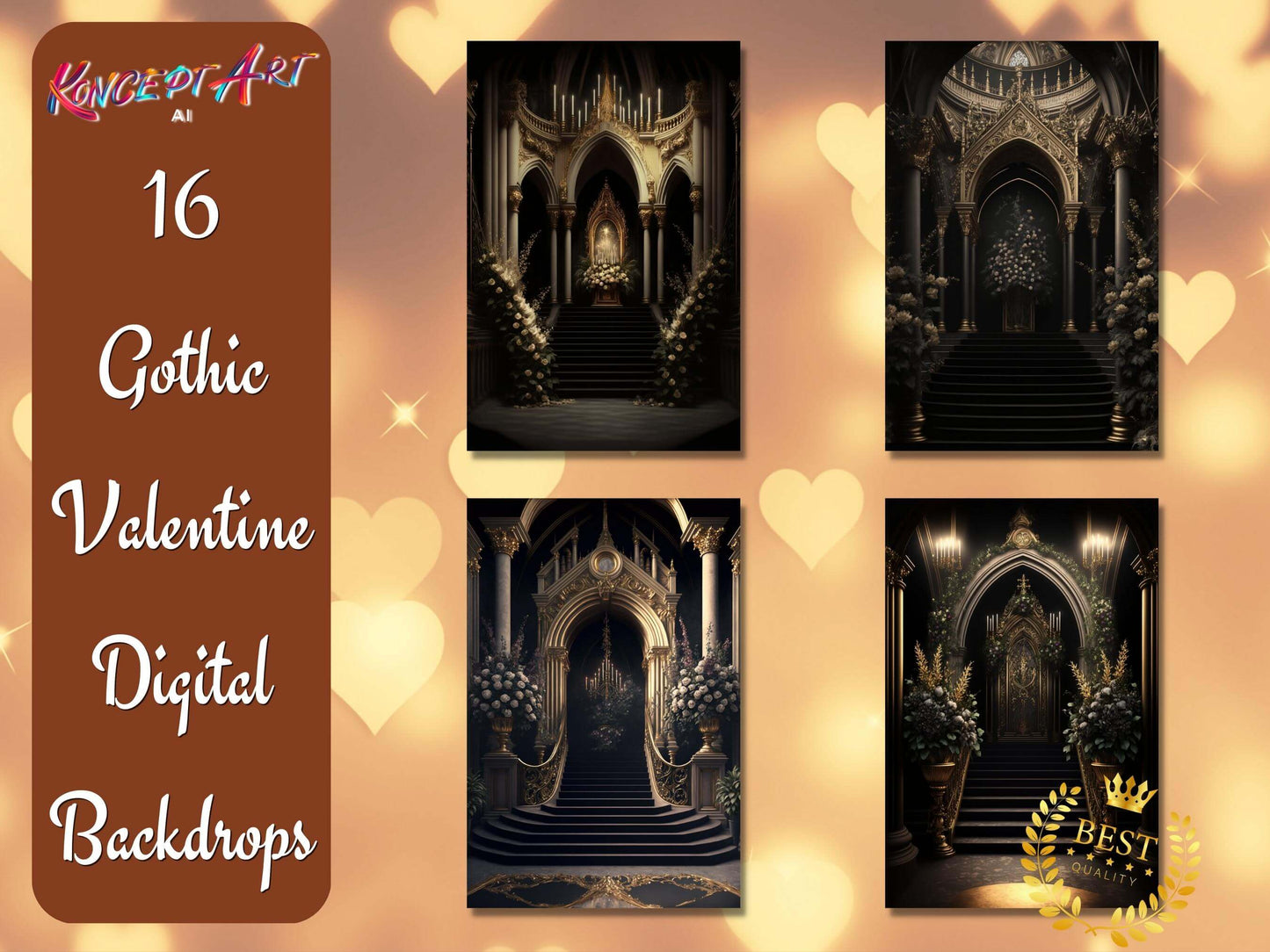 Black and Gold Valentine Digital Gothic Church Backdrops