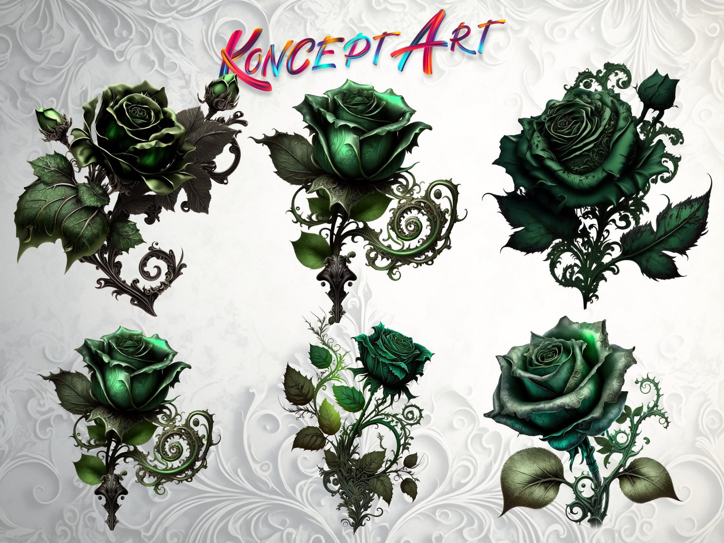 18 x Beautiful Green Gothic Roses Clipart Bundle