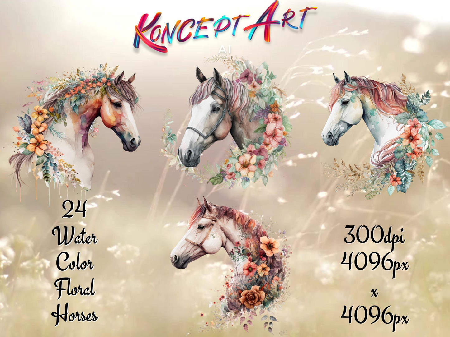 24 Boho Watercolor Floral Horse Clipart Bundle