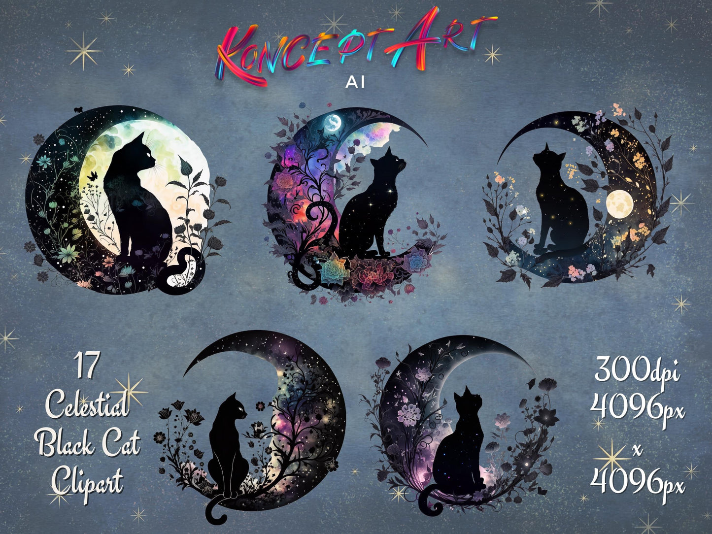 17 x Floral Celestial Black Cats Clipart Bundle