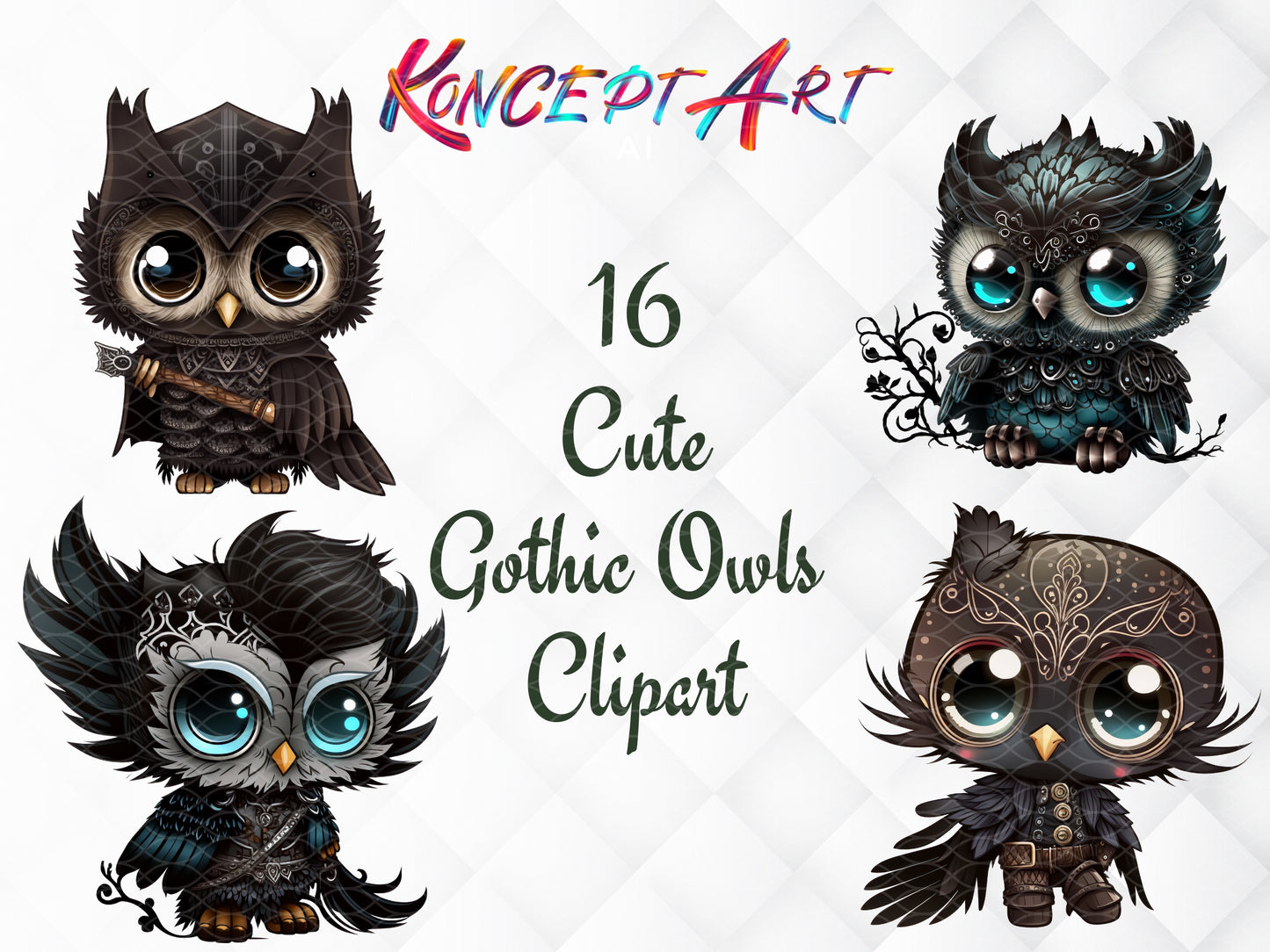 16 x Cute Chibi Gothic Owl Clipart Bundle