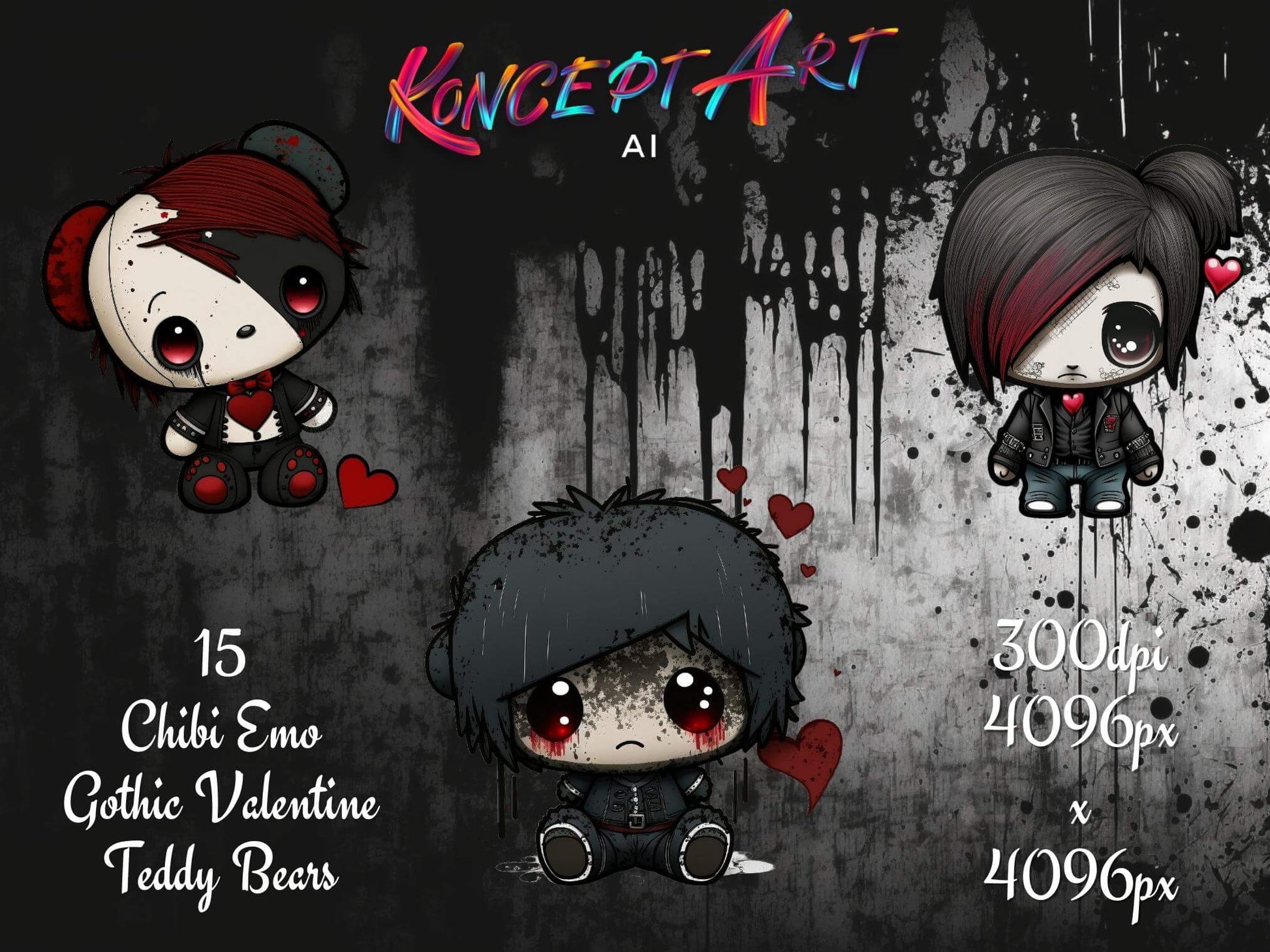 Chibi Emo Gothic Valentines Teddy Bears Clipart Bundle