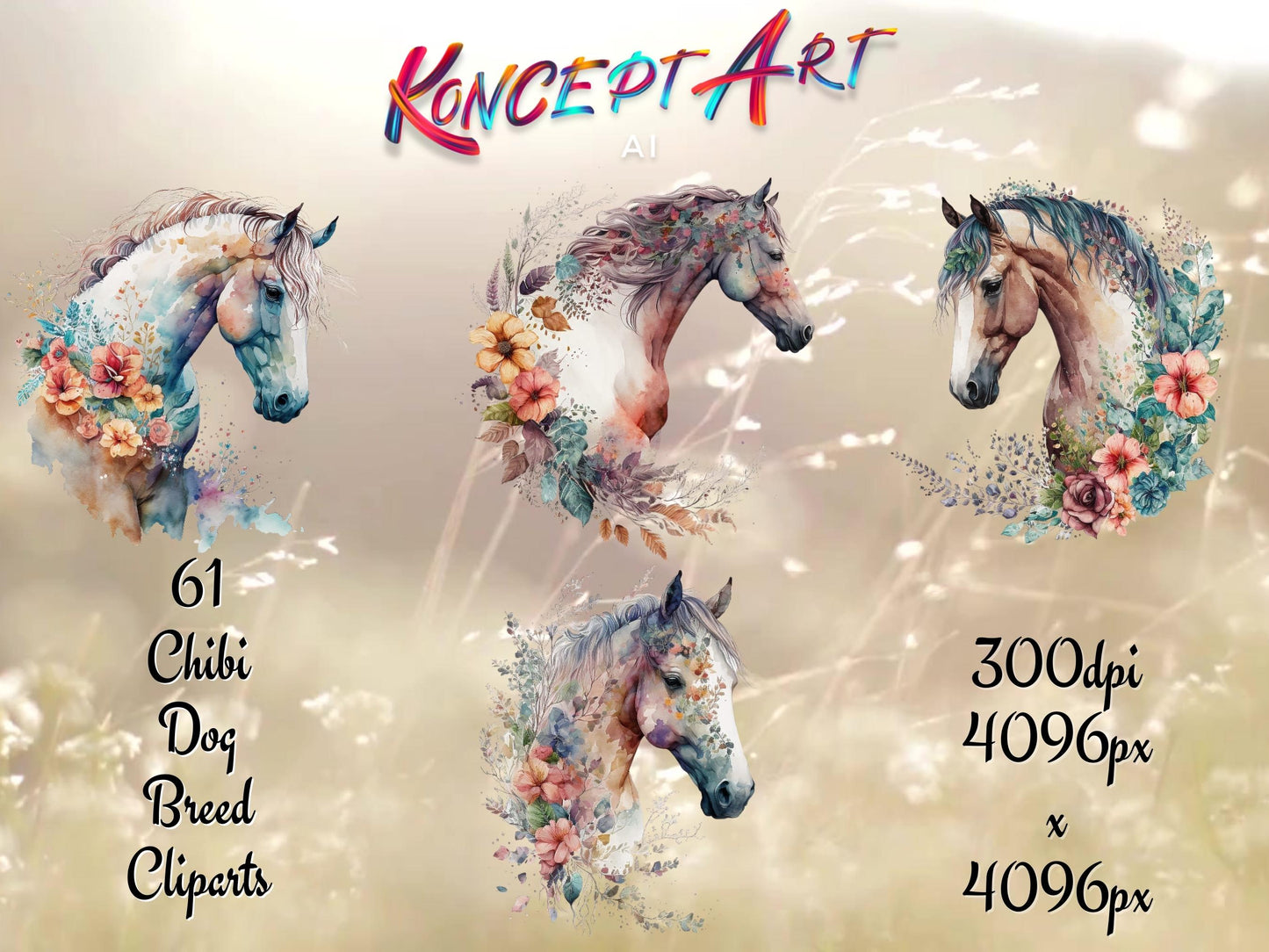 24 Boho Watercolor Floral Horse Clipart Bundle