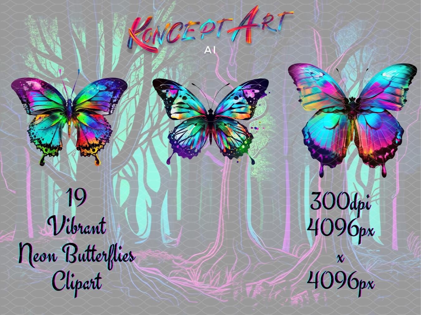 19 x Vibrant Neon Butterflies Clipart Bundle