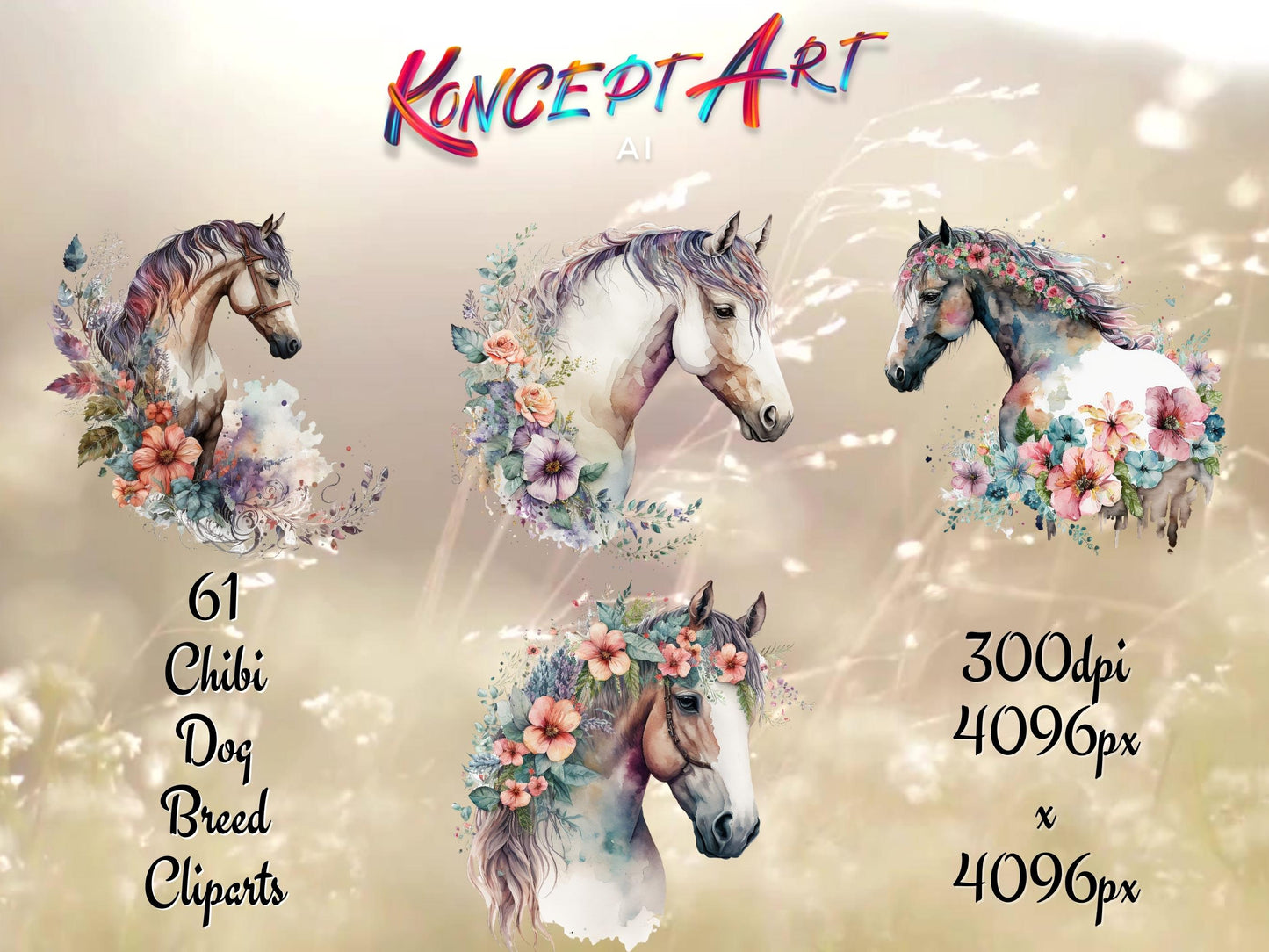 24 Boho Watercolor Floral Horse Clipart Bundle