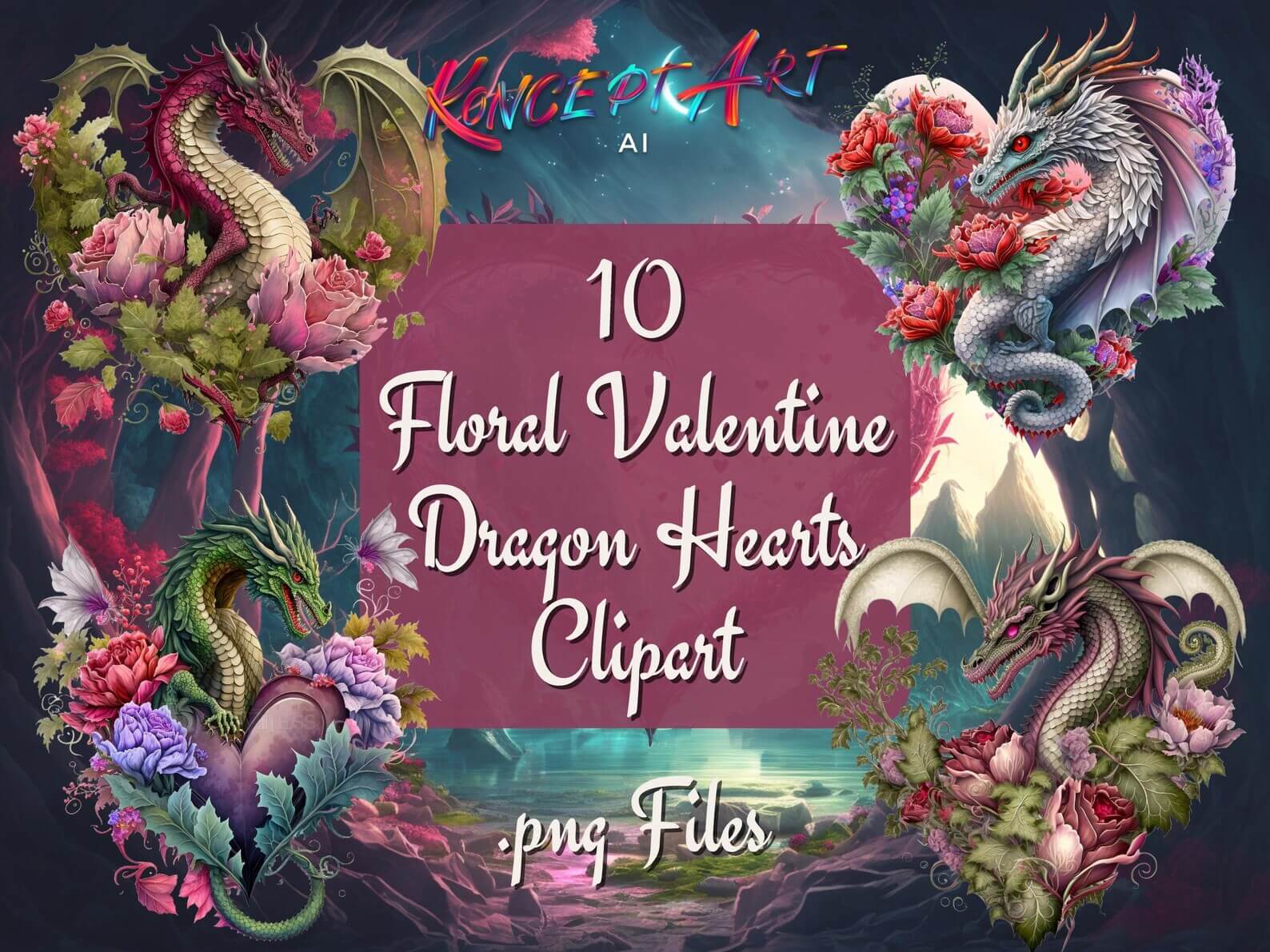 Floral Valentine Dragon Heart Clipart Bundle