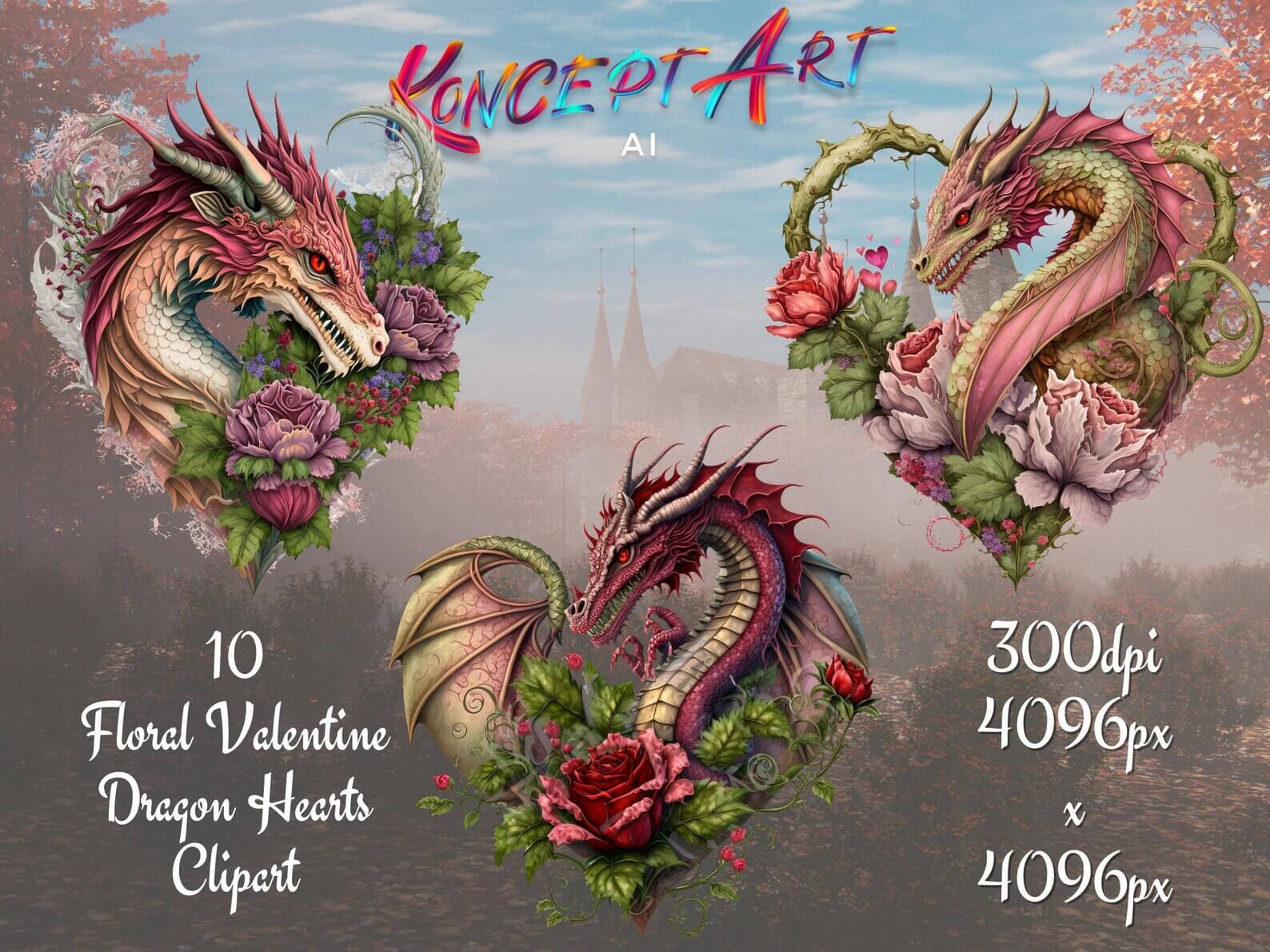 Floral Valentine Dragon Heart Clipart Bundle